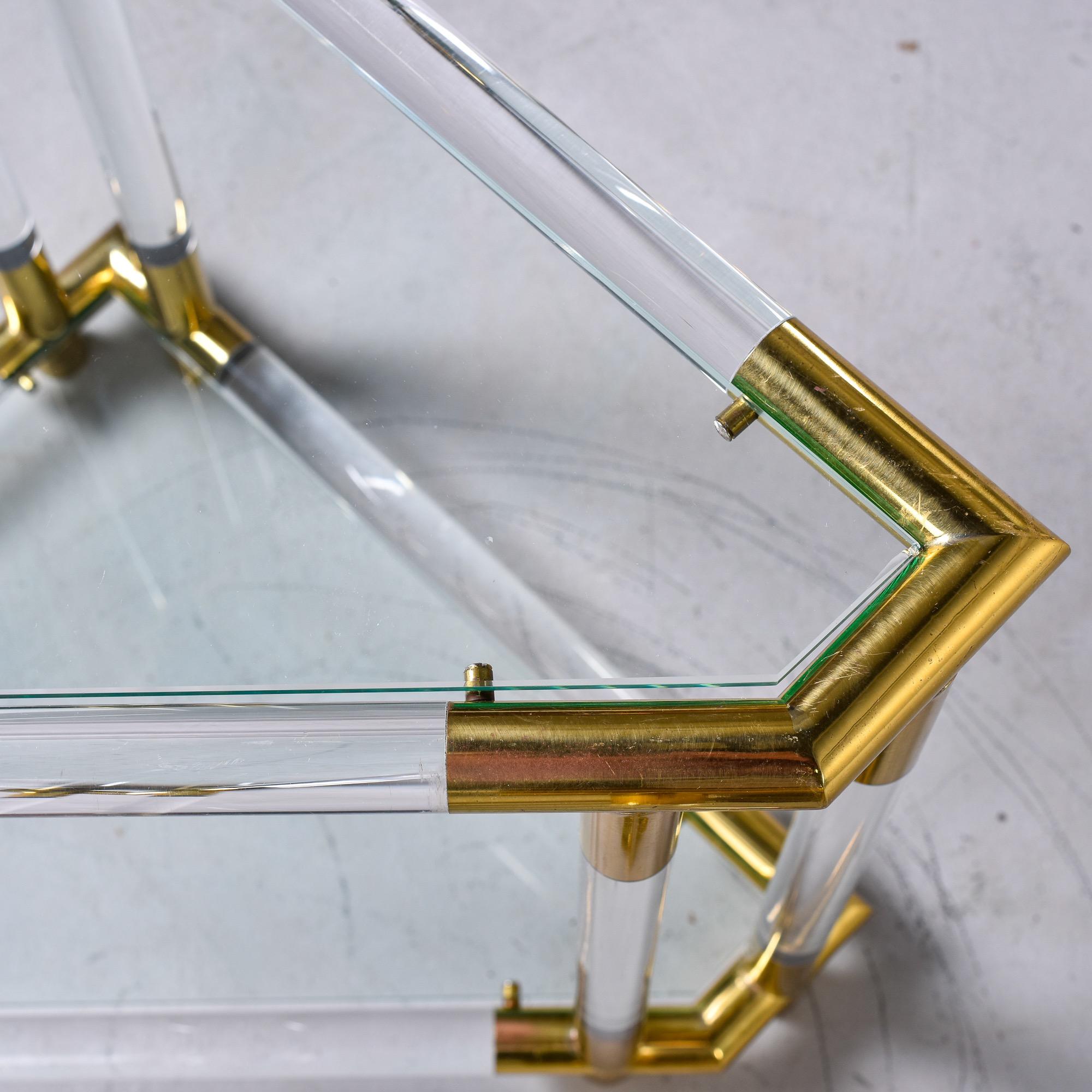 Pair Mid-Century Triangular Brass Lucite and Glass Side Tables For Sale 7