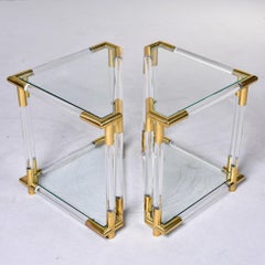 Pair Mid-Century Triangular Brass Lucite and Glass Side Tables