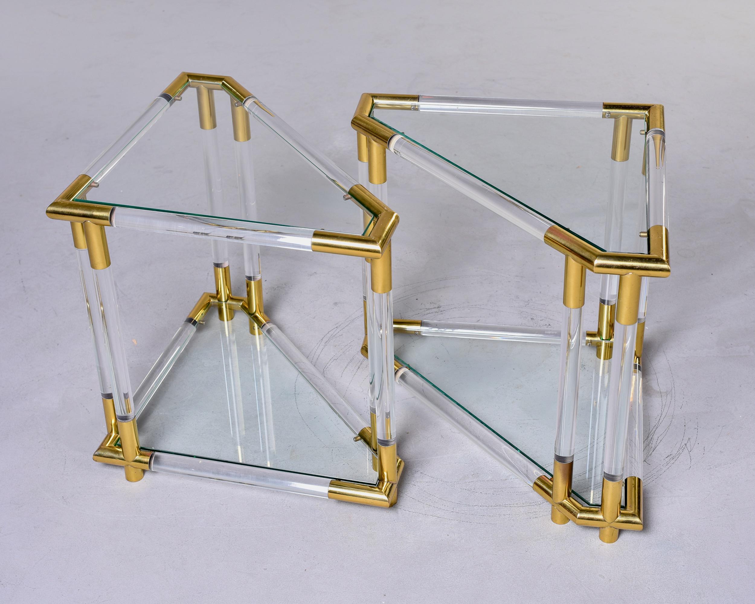 Mid-Century Modern Pair Mid-Century Triangular Brass Lucite and Glass Side Tables For Sale