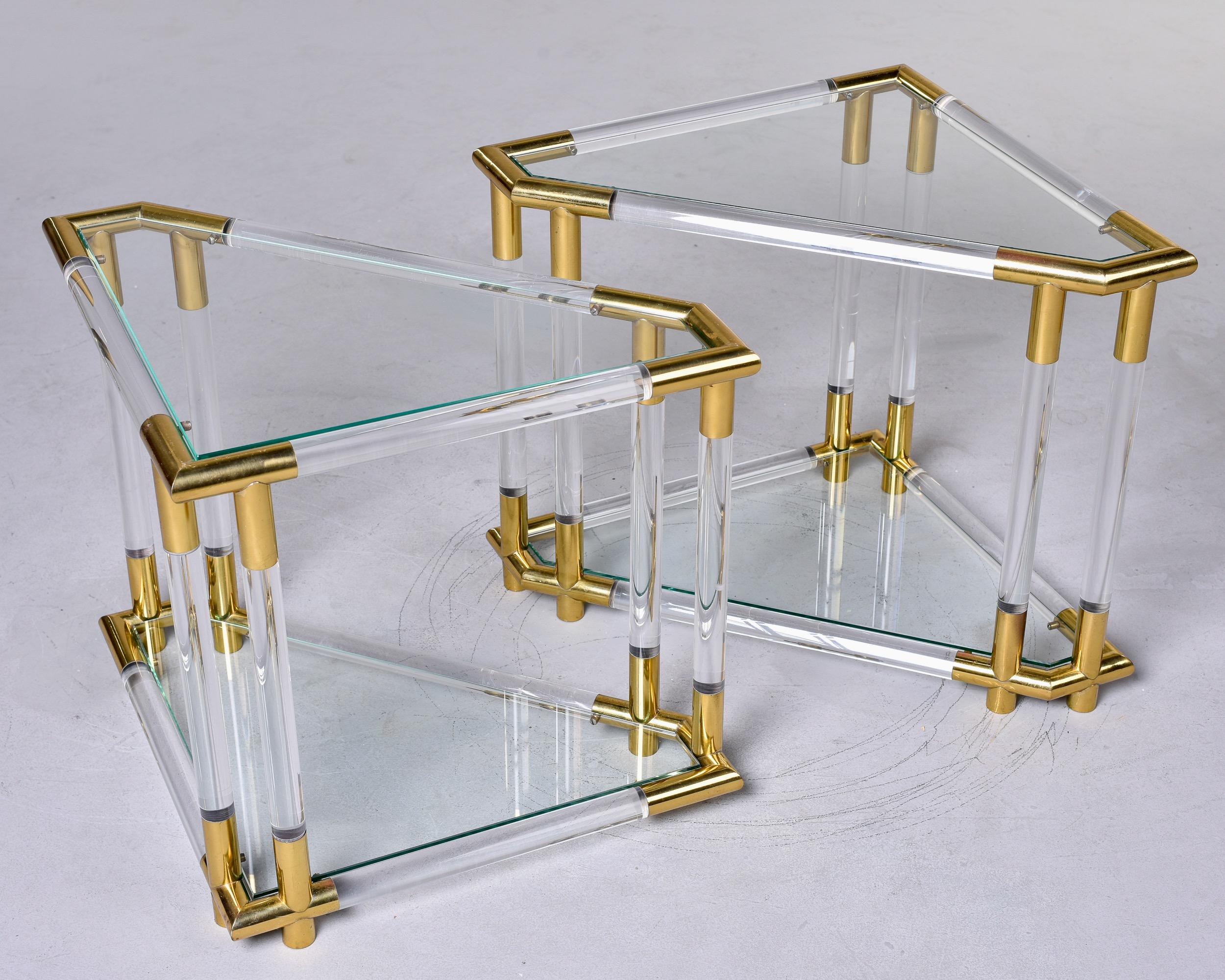 Italian Pair Mid-Century Triangular Brass Lucite and Glass Side Tables For Sale