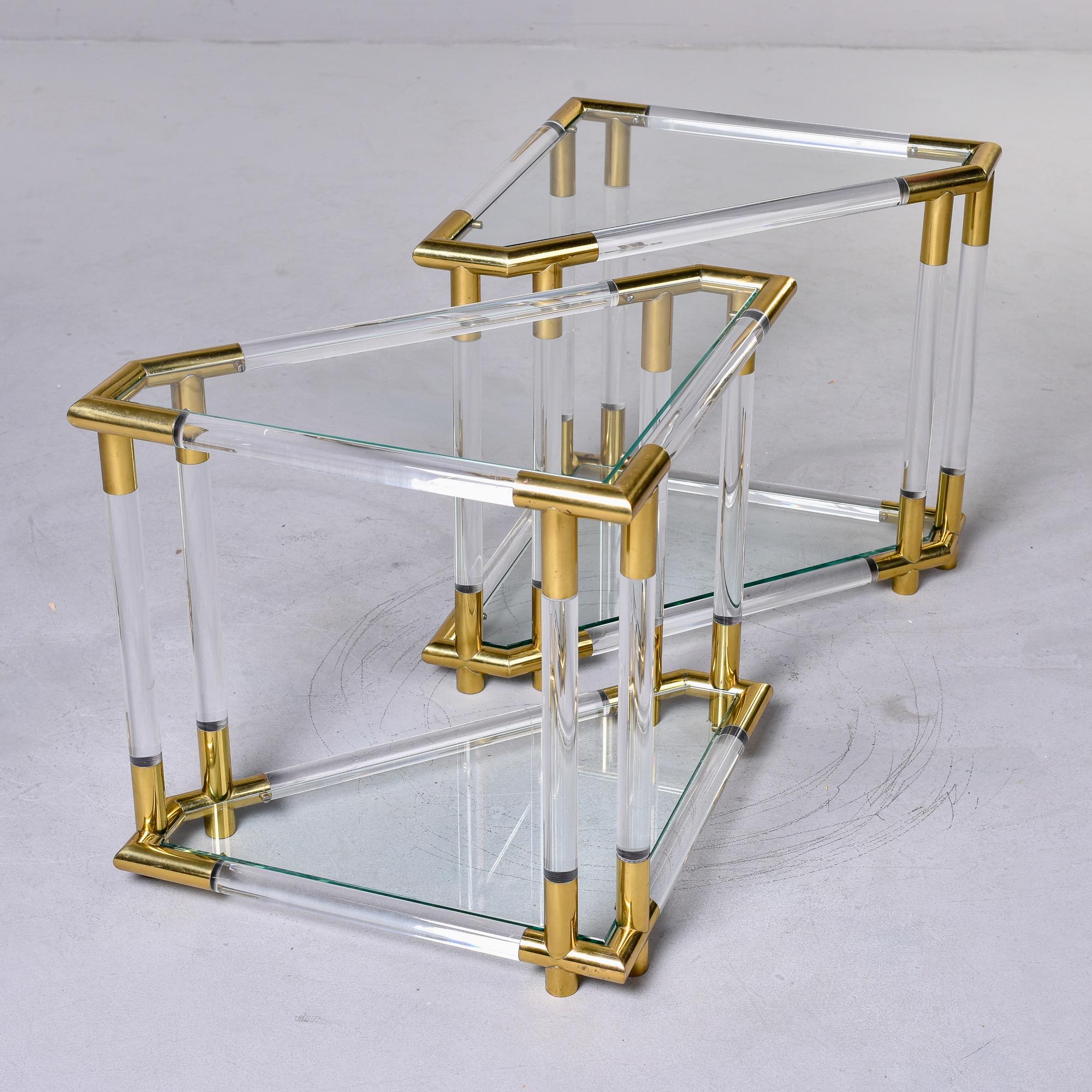 Pair Mid-Century Triangular Brass Lucite and Glass Side Tables In Good Condition For Sale In Troy, MI