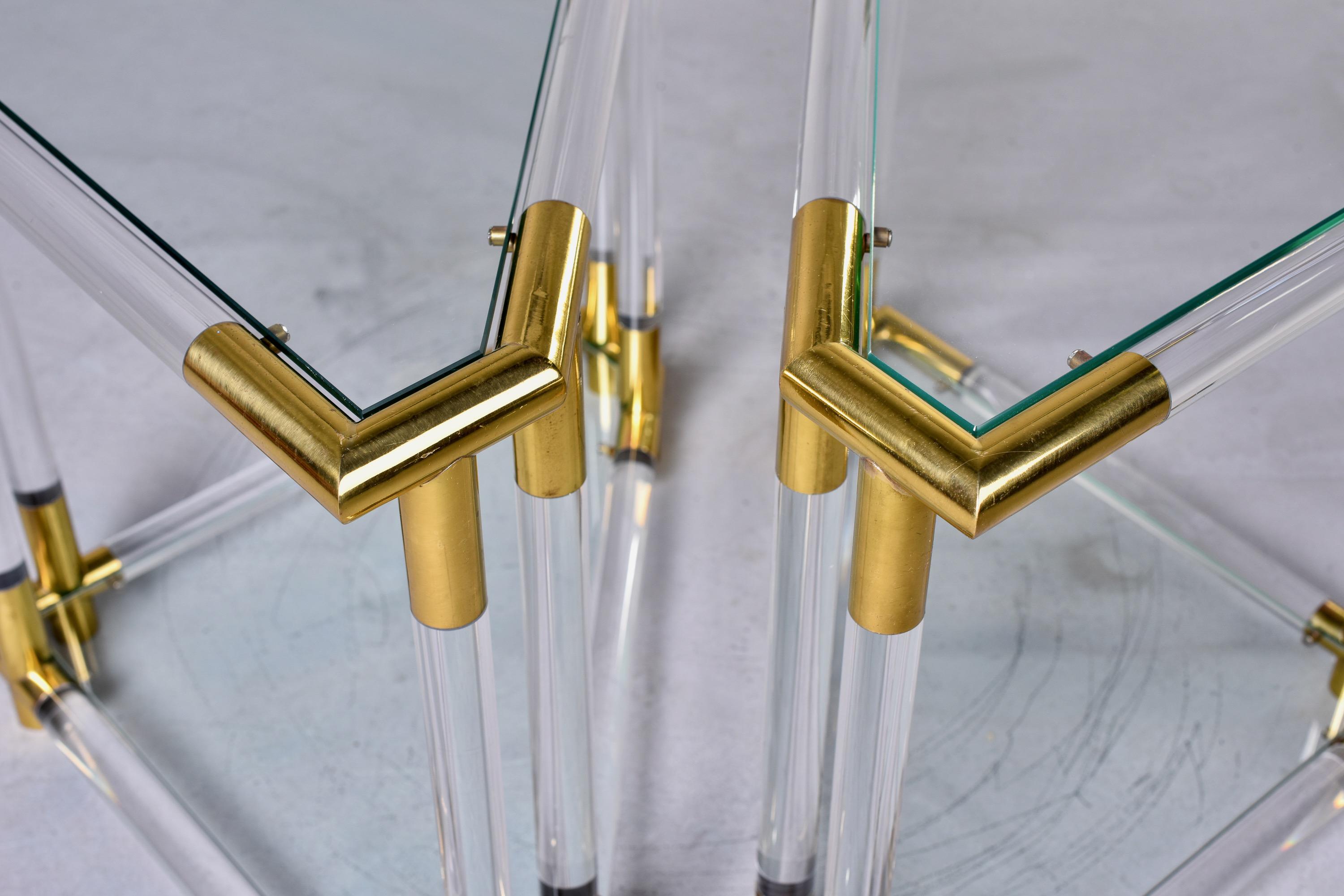 Pair Mid-Century Triangular Brass Lucite and Glass Side Tables For Sale 1