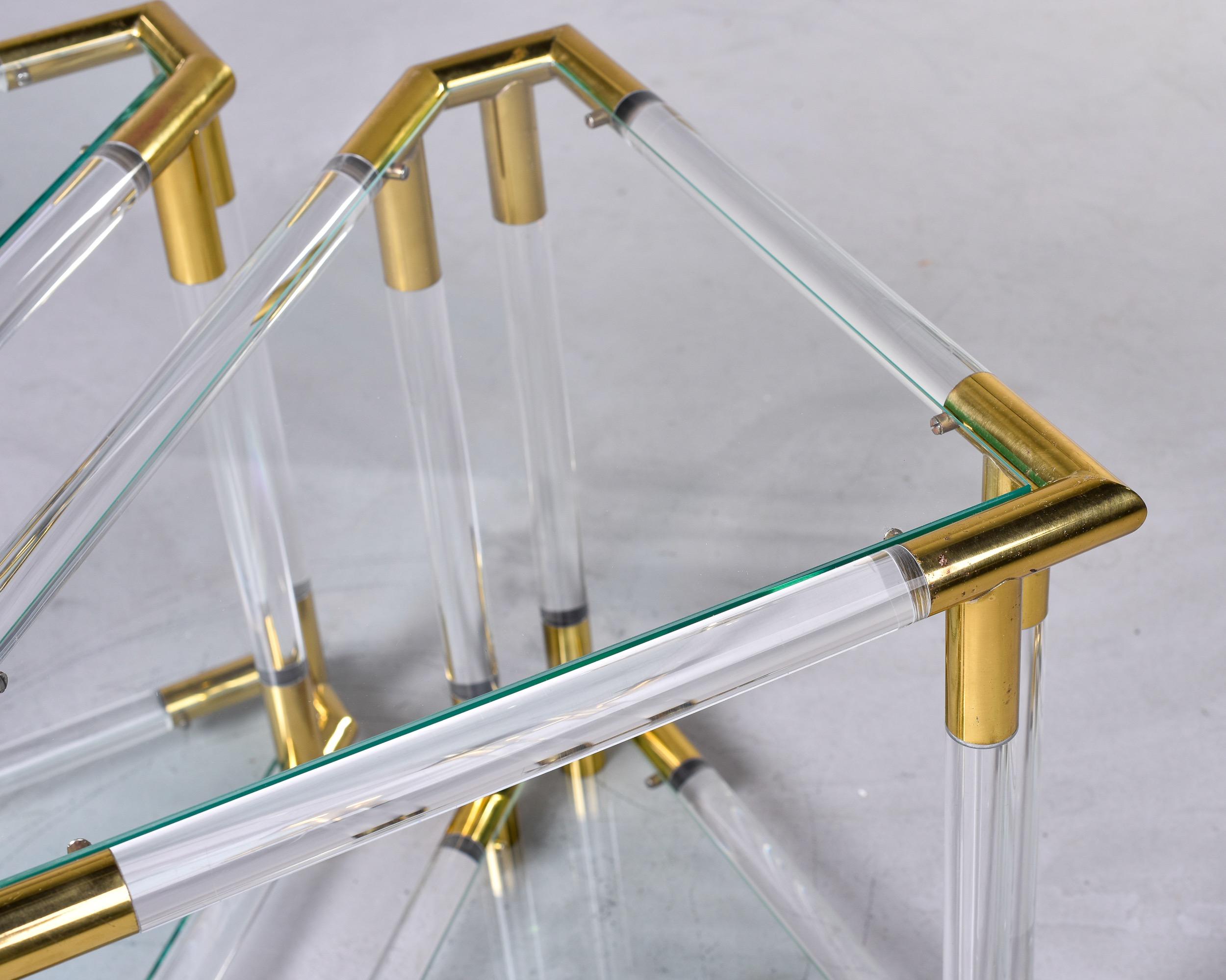 Pair Mid-Century Triangular Brass Lucite and Glass Side Tables For Sale 3