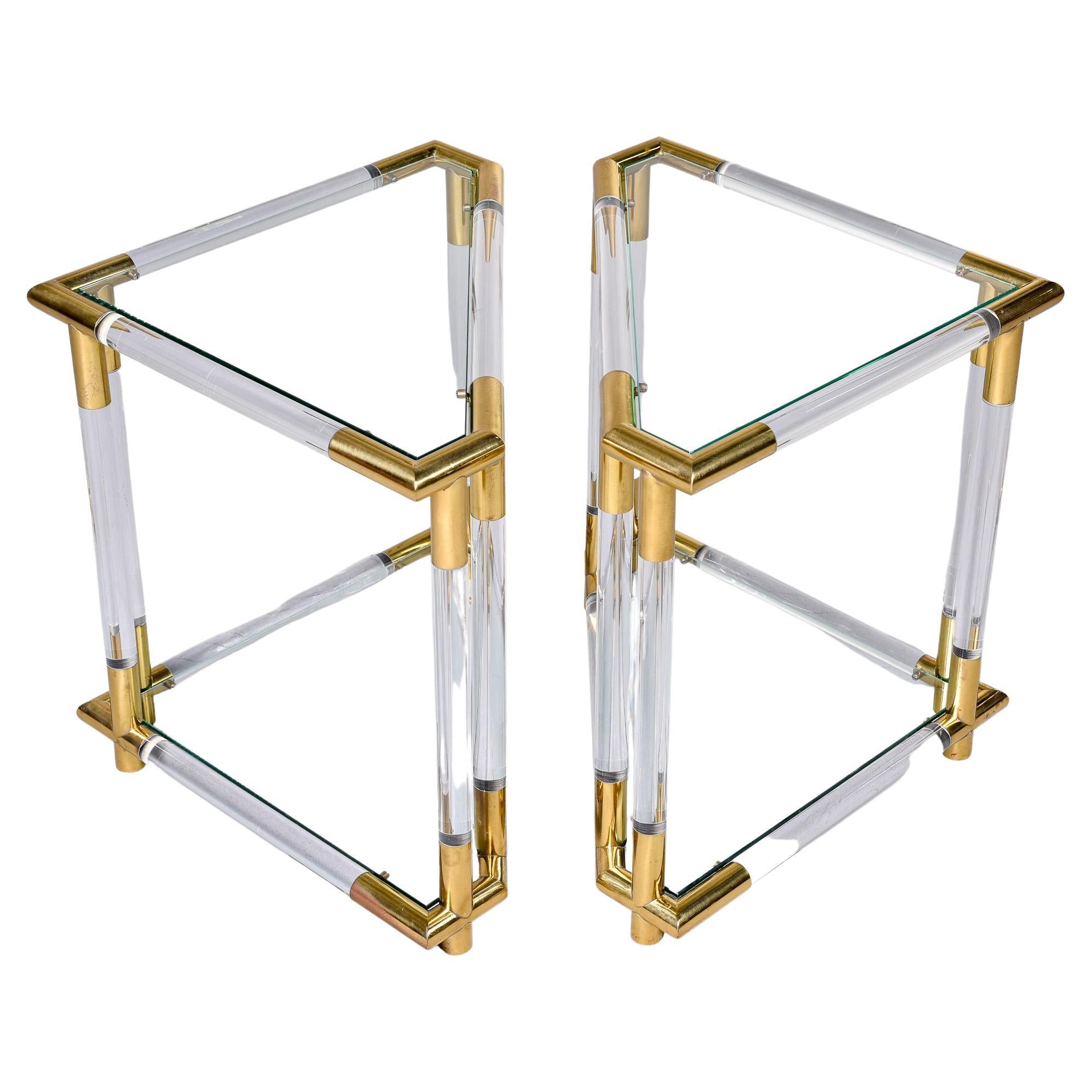 Pair Mid-Century Triangular Brass Lucite and Glass Side Tables