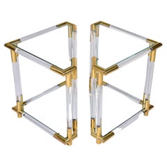 Pair Mid-Century Triangular Brass Lucite and Glass Side Tables