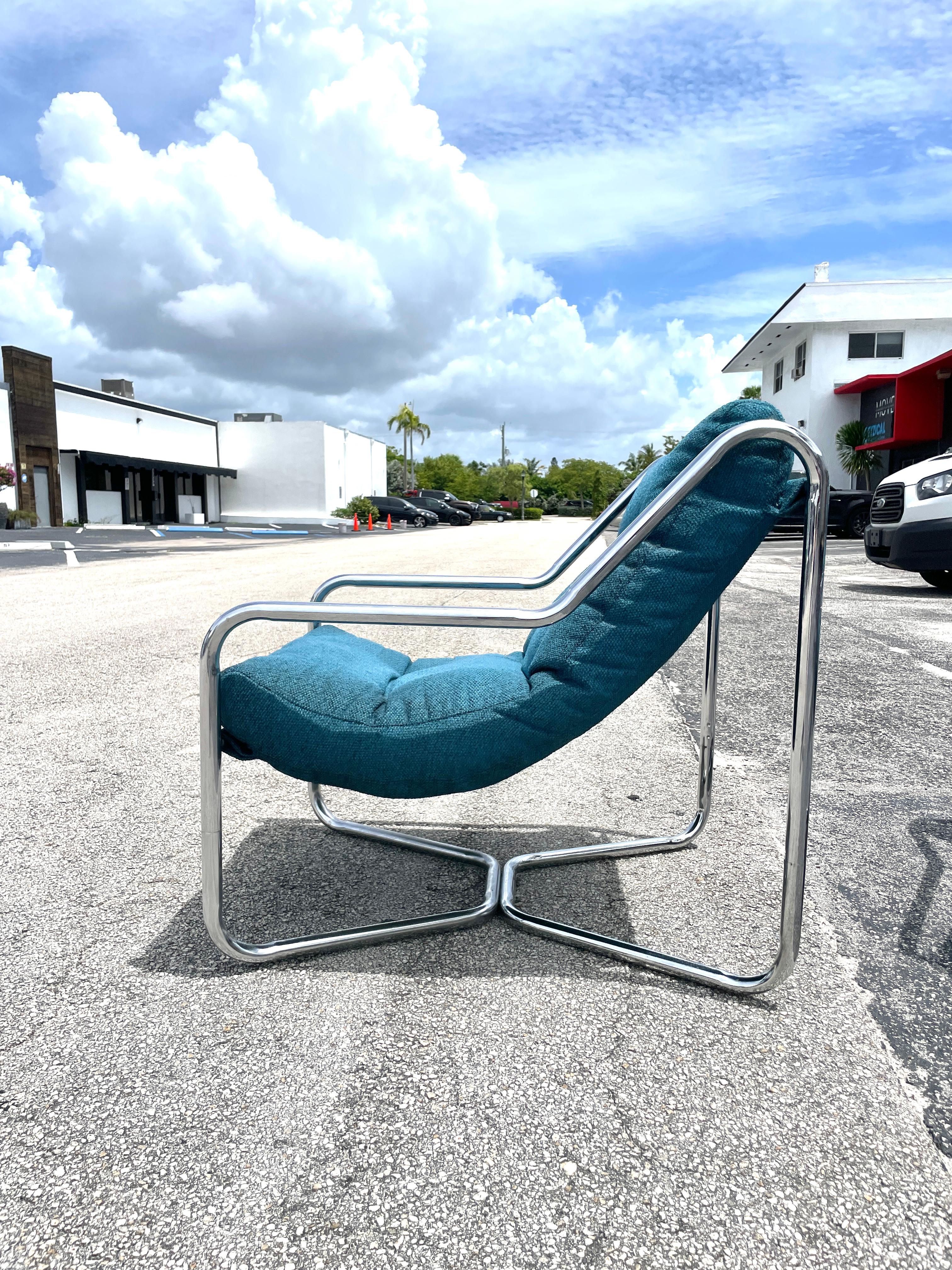Fabric Pair Mid Century Tubular Sling Chairs by Unarco For Sale