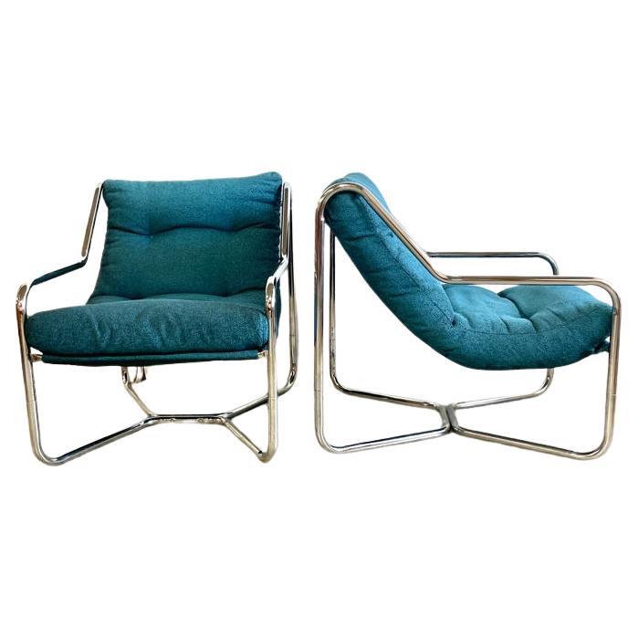 Pair Mid Century Tubular Sling Chairs by Unarco For Sale