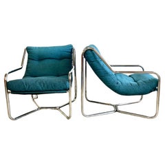 Pair Mid Century Tubular Sling Chairs by Unarco
