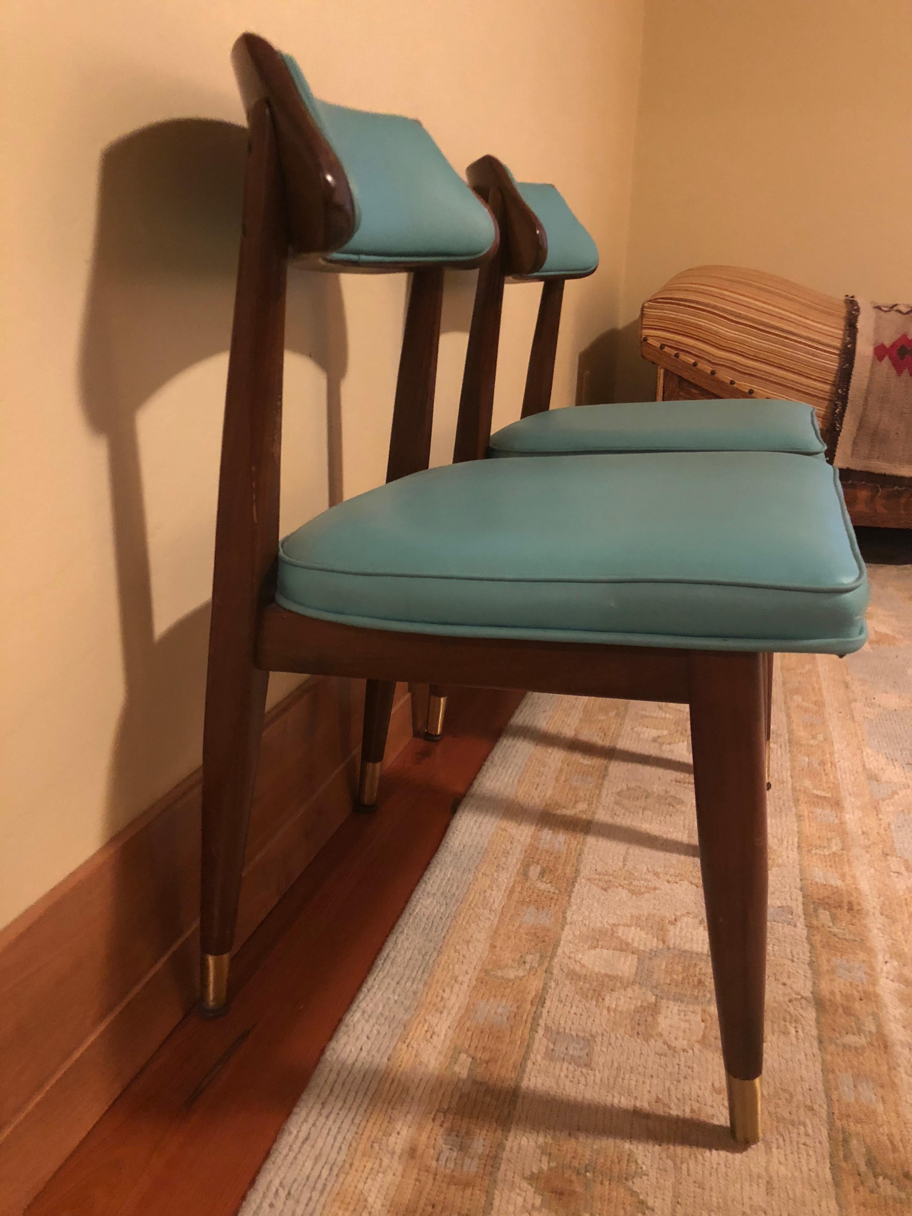 North American Pair of Midcentury Turquoise Walnut Desk or Occasional Side Chairs, 1960 For Sale