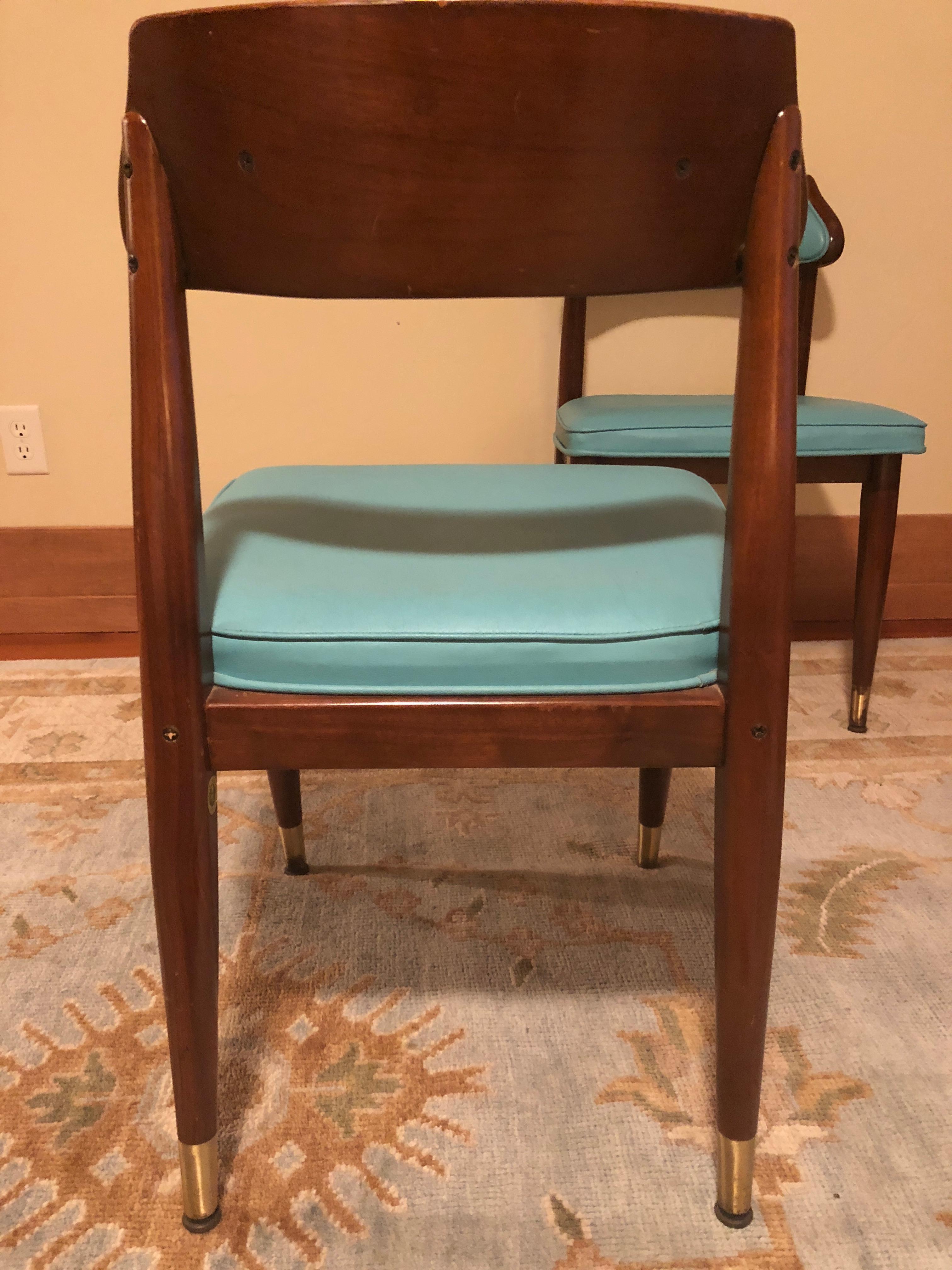 Varnished Pair of Midcentury Turquoise Walnut Desk or Occasional Side Chairs, 1960 For Sale
