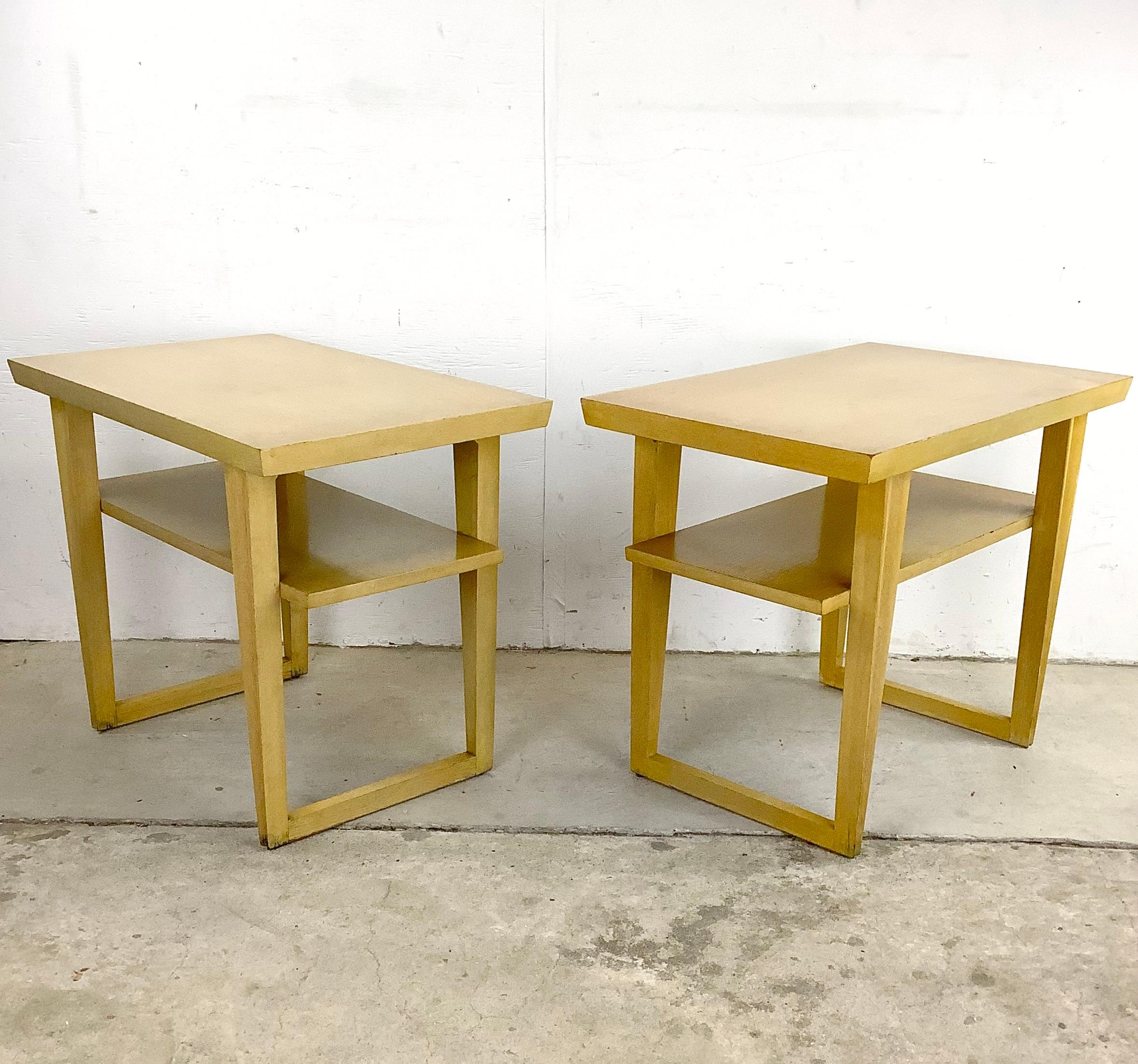 Pair Mid-Century Two Tier Blonde Side Tables In Good Condition In Trenton, NJ