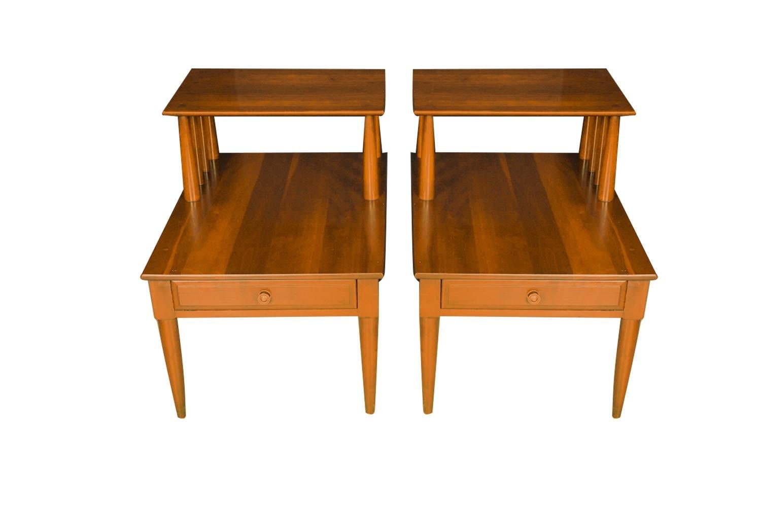 Cherry Pair Mid Century Two Tier End Tables Nightstands