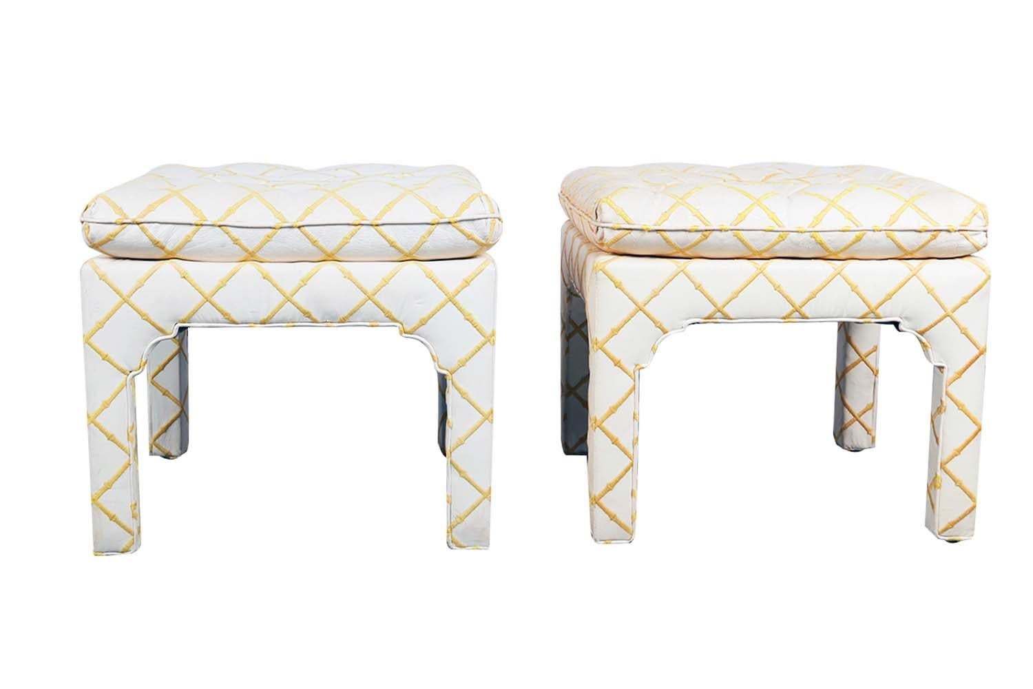 Mid-century pair of Parsons stools attributed to Milo Baughman. These elegant pair of fabulous button tufted ottomans, bench or coffee table, features fully upholstered button tufted fixed cushions, in a cream diamond block fabric. Uniquely sculpted