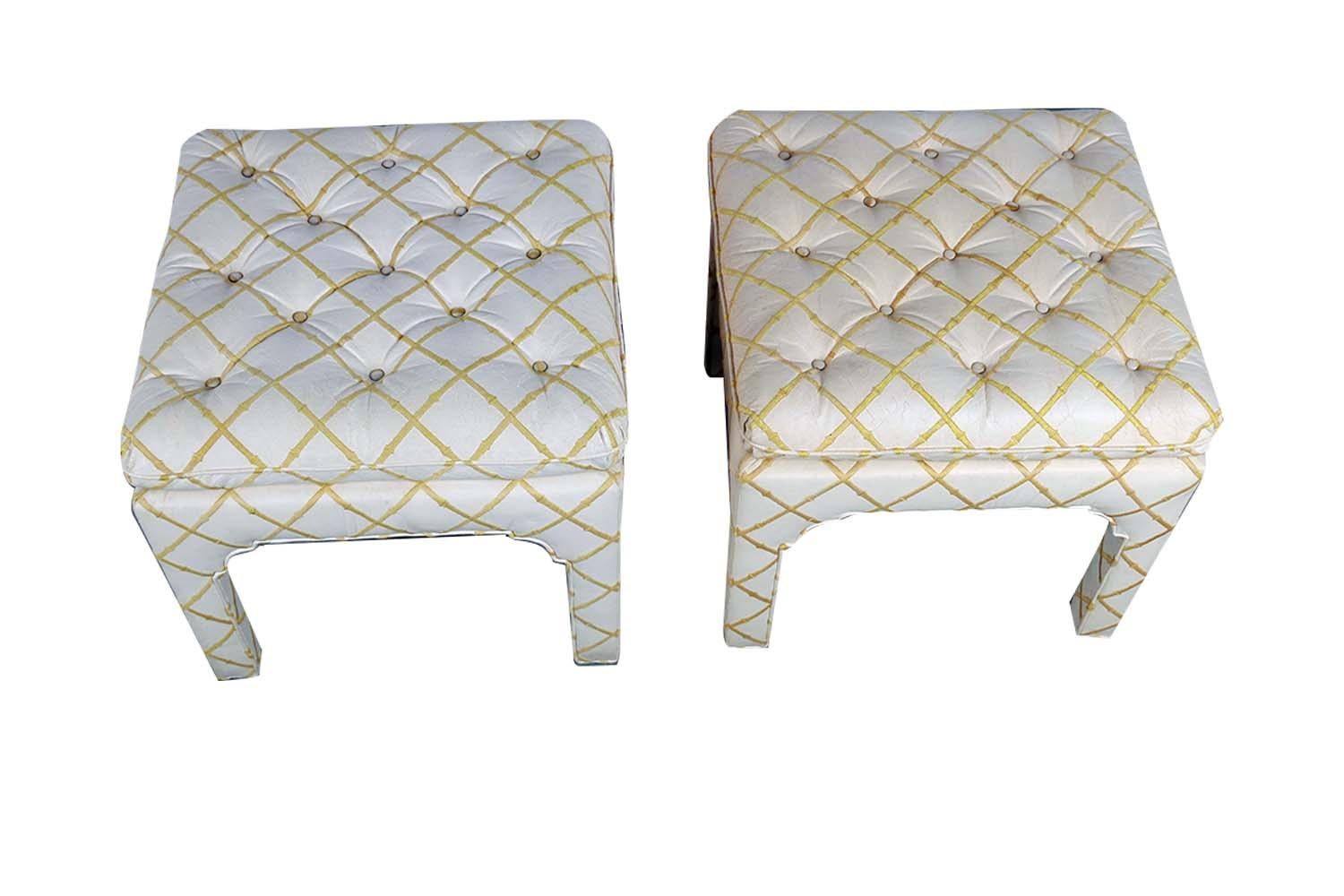 Late 20th Century Pair Mid Century Upholstered Tufted Parsons Benches Milo Baughman