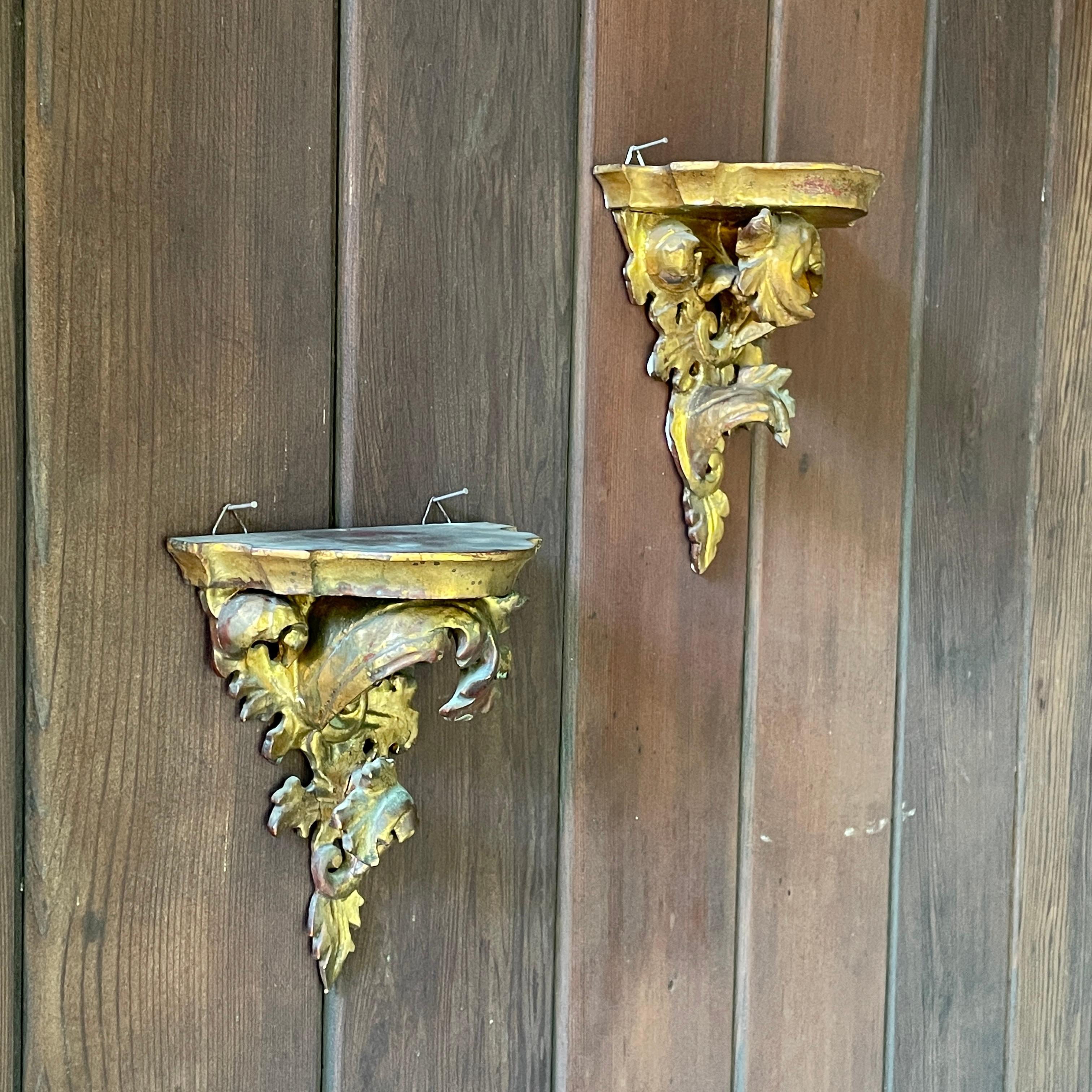 Par Estantería de Pared Veneciana de Mediados de Siglo de Acanto Tallado Dorado Italia Rococó en venta