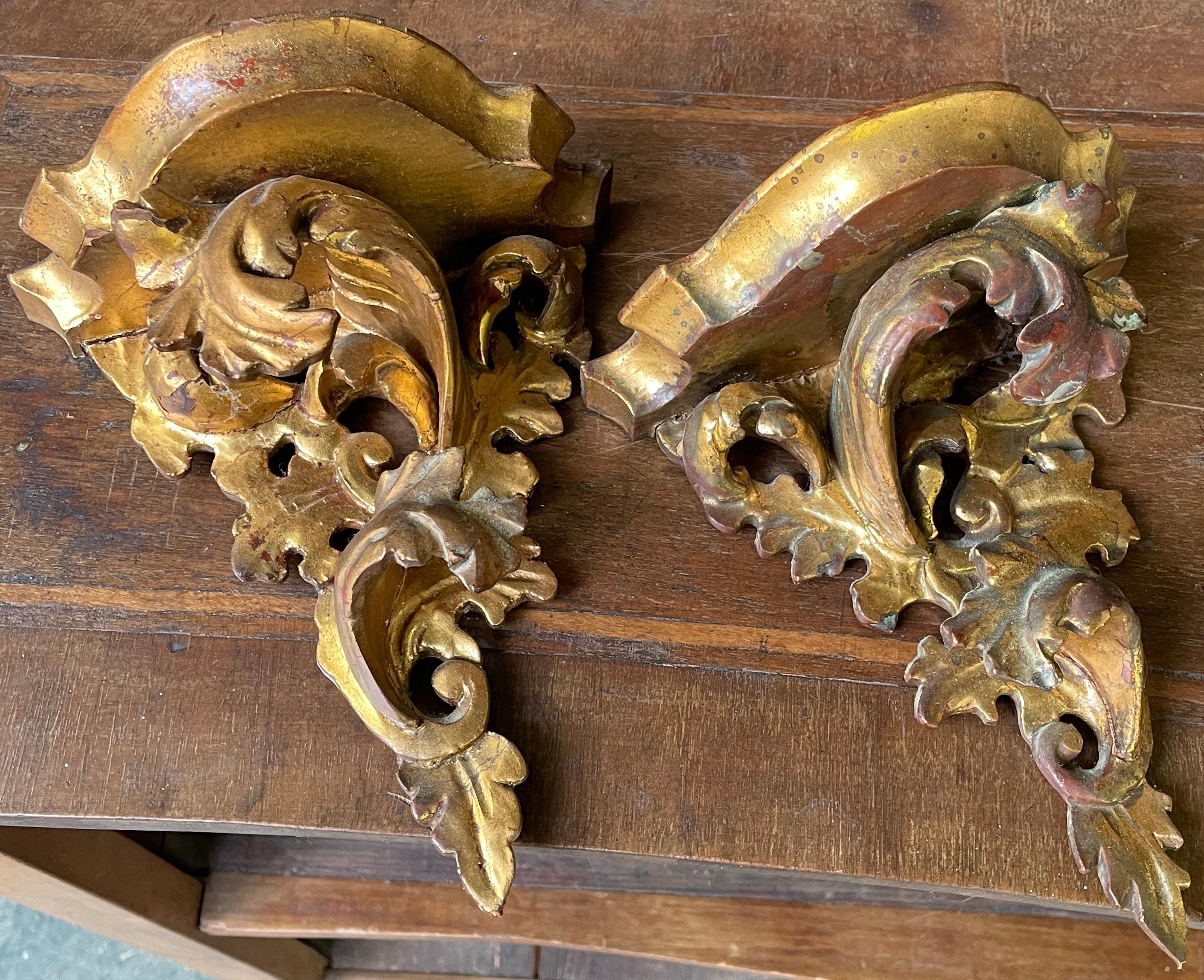 Par Estantería de Pared Veneciana de Mediados de Siglo de Acanto Tallado Dorado Italia Hecho a mano en venta