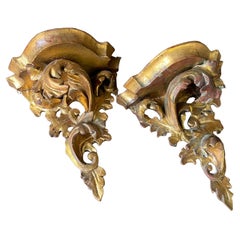 Pair Mid-Century Venetian Wall Shelf of Gilded Carved Acanthus Italy