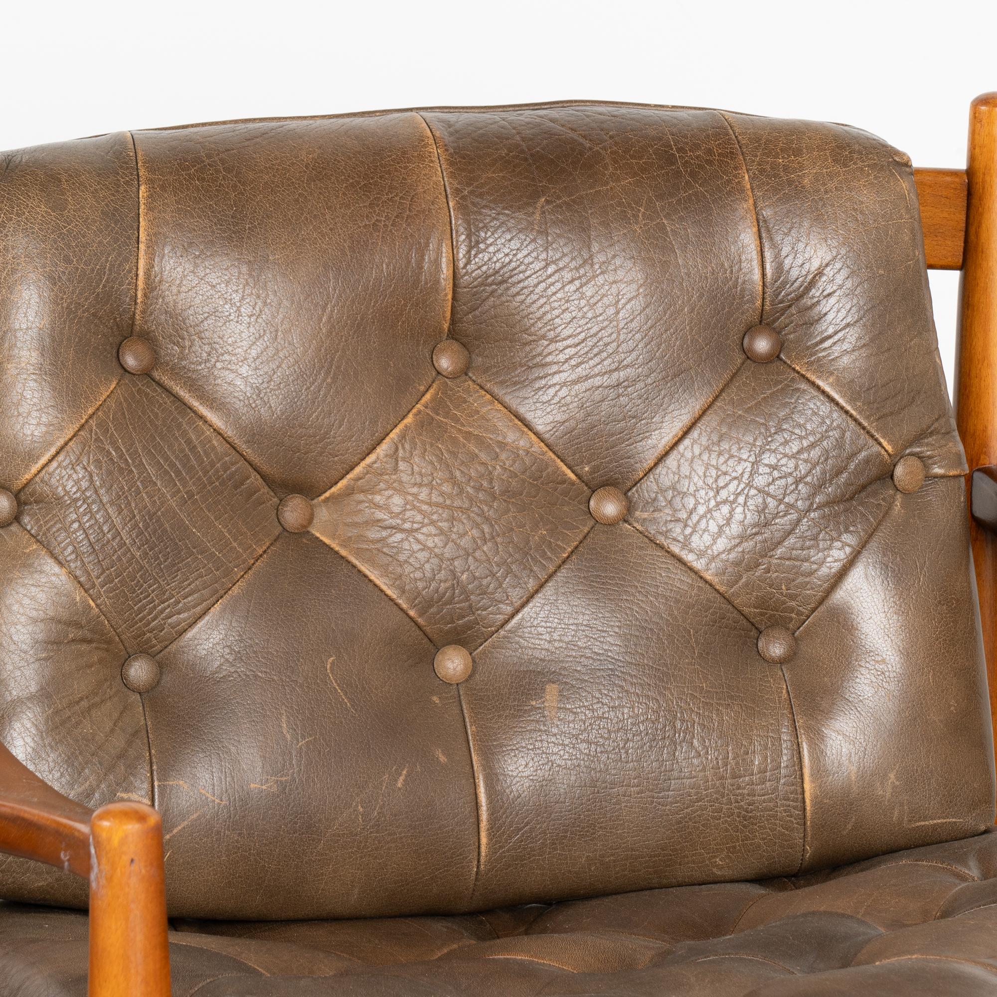 Danish Pair, Mid Century Vintage Brown Leather Arm Chairs, Denmark circa 1960 For Sale