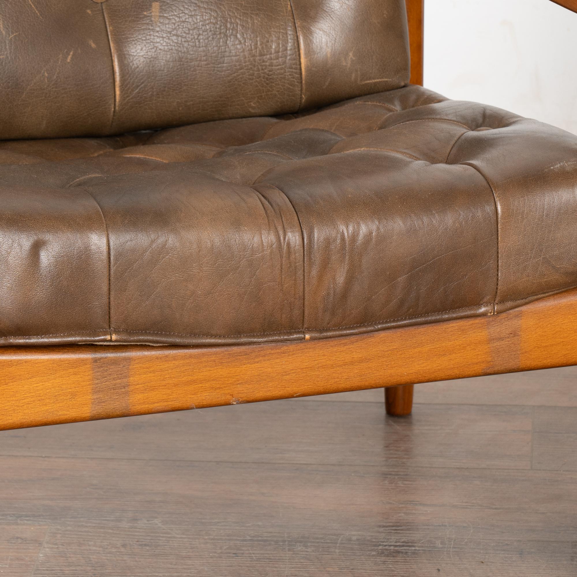Pair, Mid Century Vintage Brown Leather Arm Chairs, Denmark circa 1960 In Good Condition For Sale In Round Top, TX