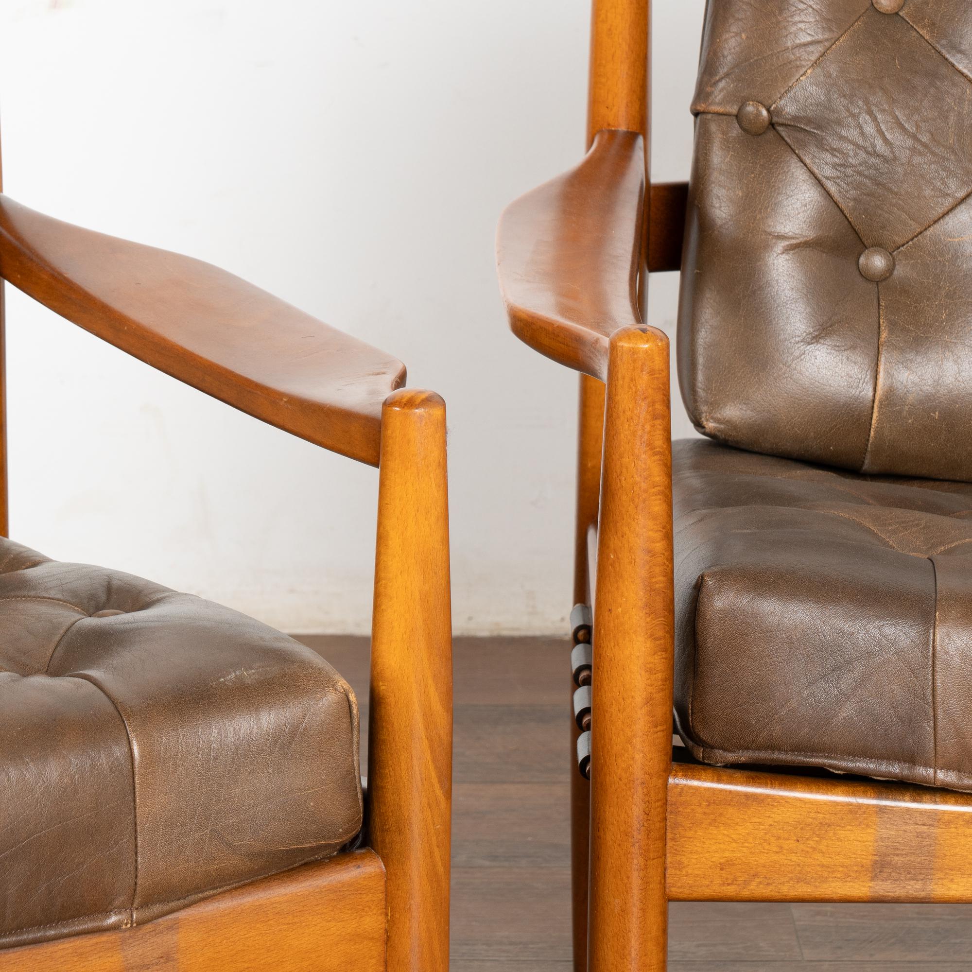 20th Century Pair, Mid Century Vintage Brown Leather Arm Chairs, Denmark circa 1960 For Sale