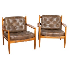 Pair, Mid Century Vintage Brown Leather Arm Chairs, Denmark circa 1960