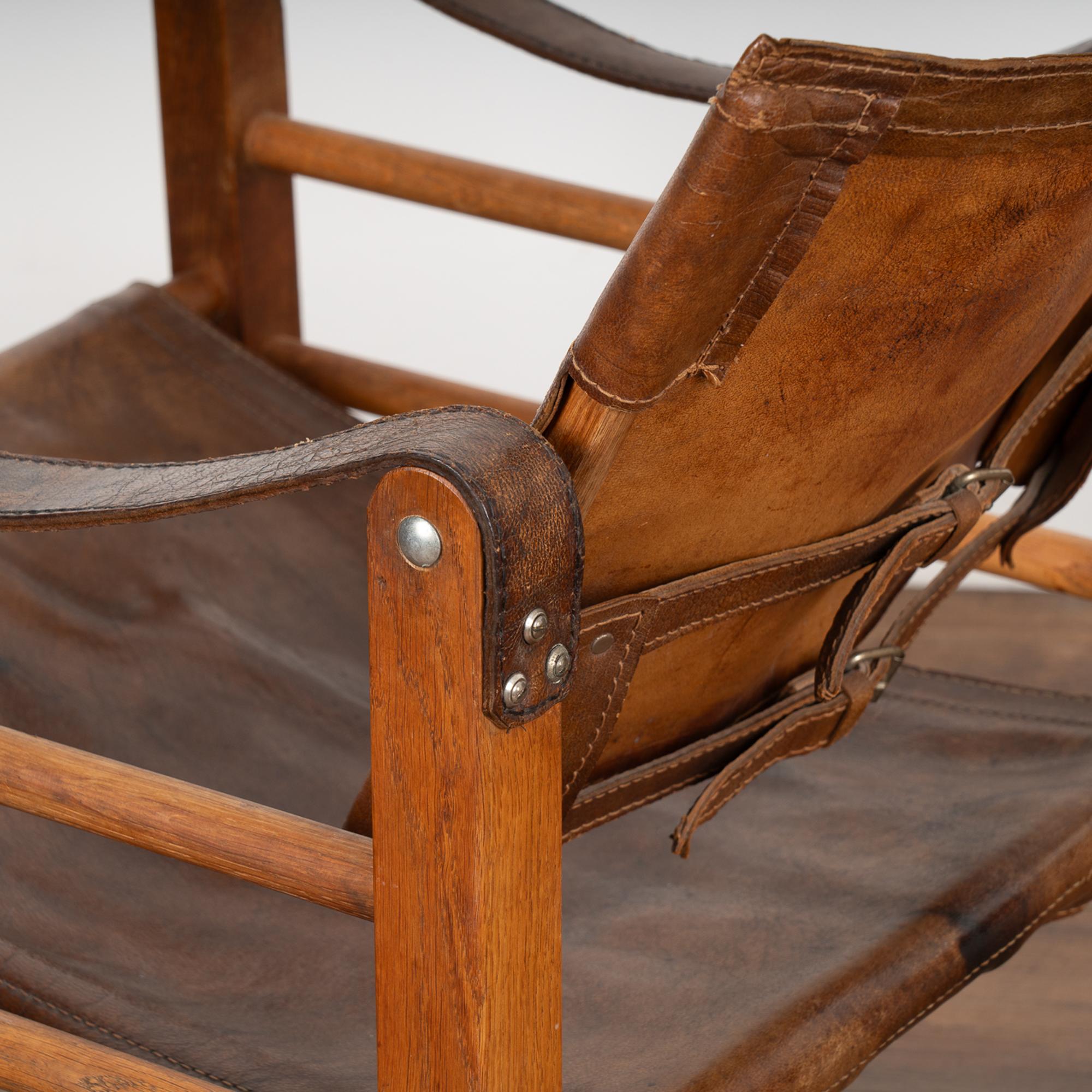 Pair, Mid Century Vintage Leather Safari Chairs and Ottoman, Denmark 1960's 4