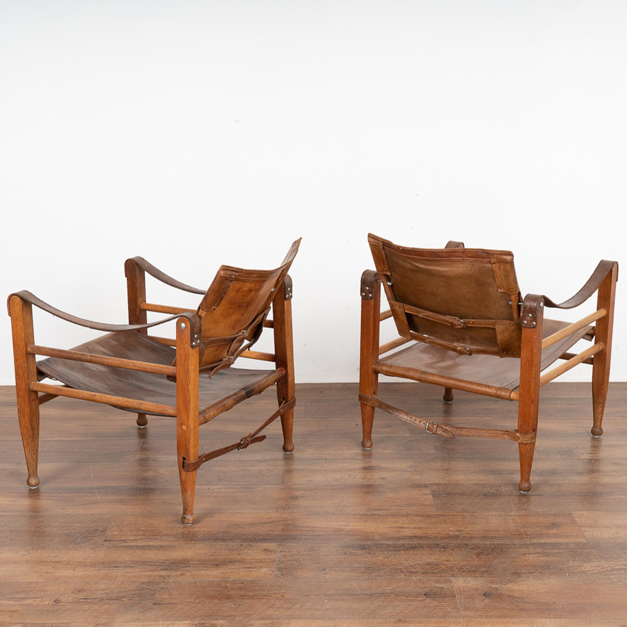 Pair, Mid Century Vintage Leather Safari Chairs and Ottoman, Denmark 1960's 6