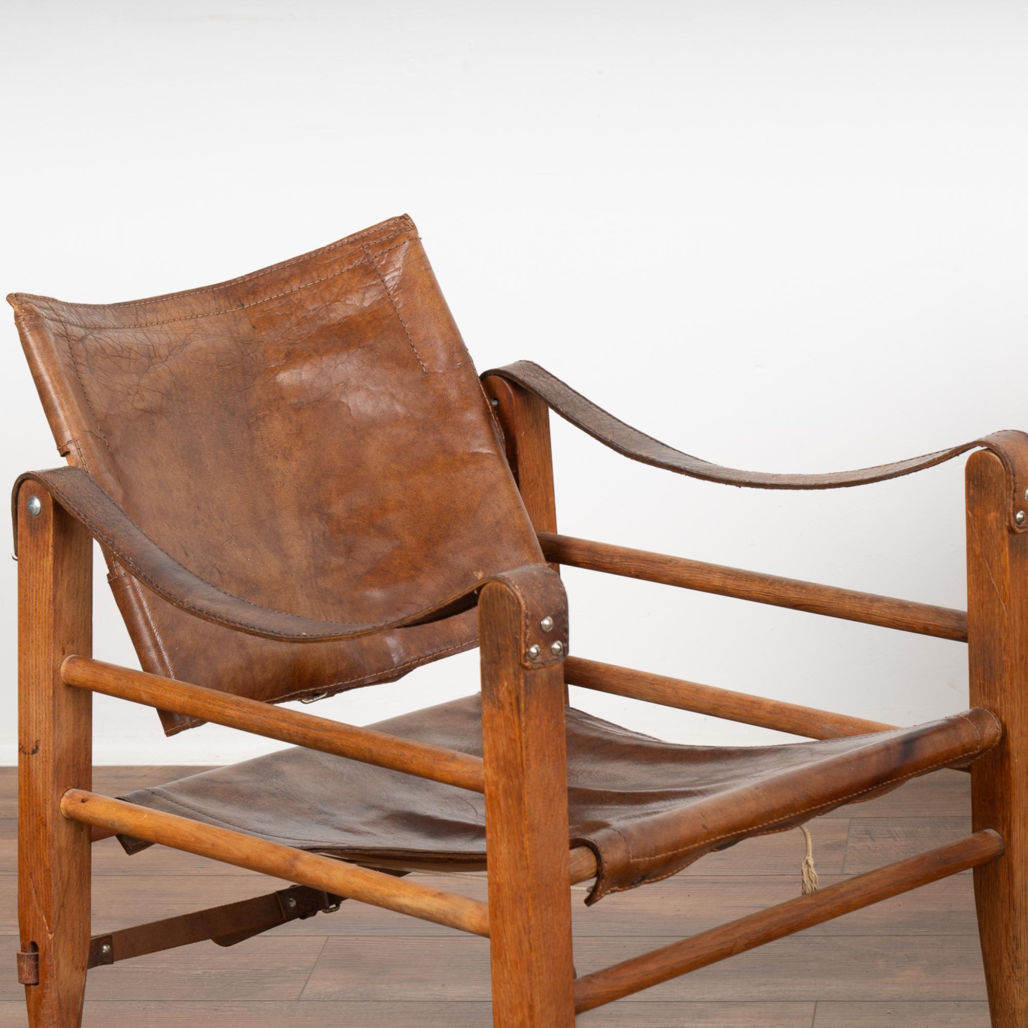 Mid-Century Modern Pair, Mid Century Vintage Leather Safari Chairs and Ottoman, Denmark 1960's