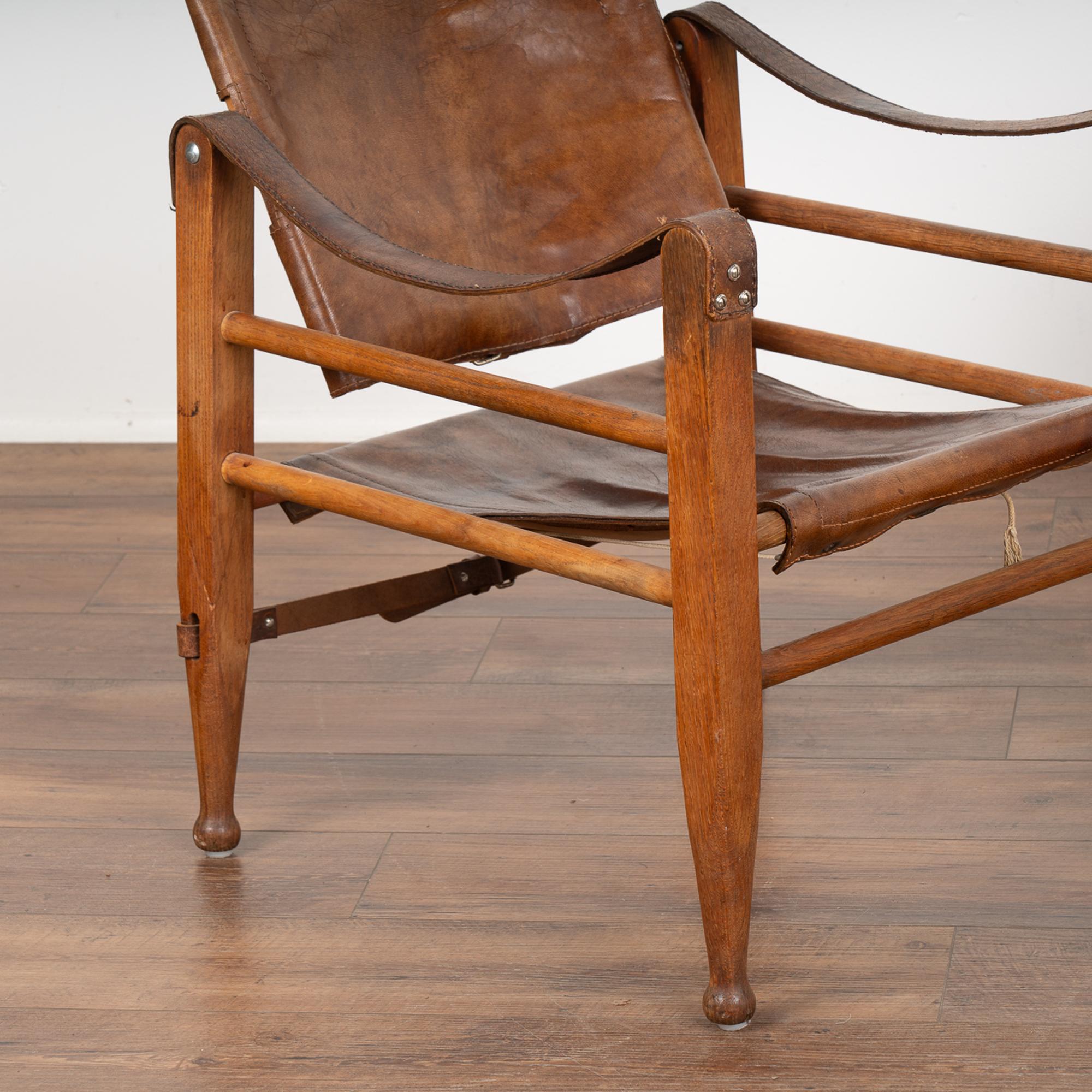 20th Century Pair, Mid Century Vintage Leather Safari Chairs and Ottoman, Denmark 1960's