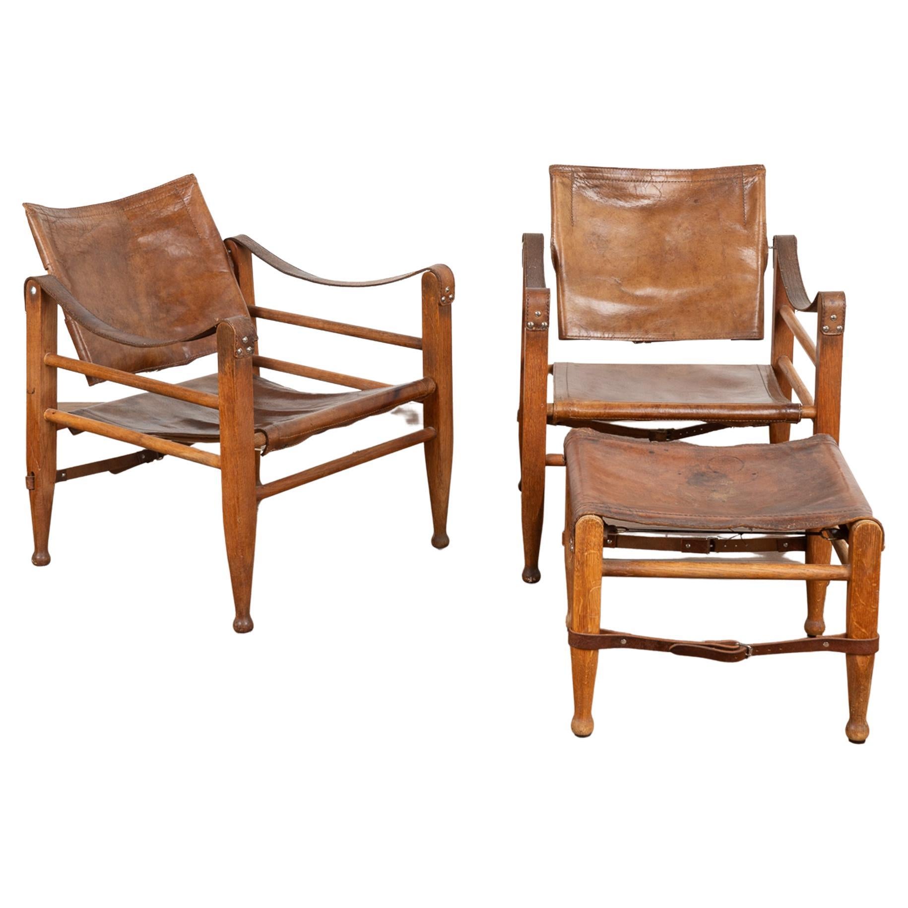 Pair, Mid Century Vintage Leather Safari Chairs and Ottoman, Denmark 1960's