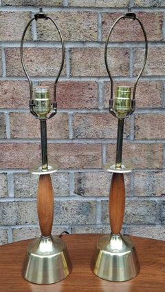 Pair Mid Century Walnut and Brass "Genie" Lamps by Laurel Lamps Co.
