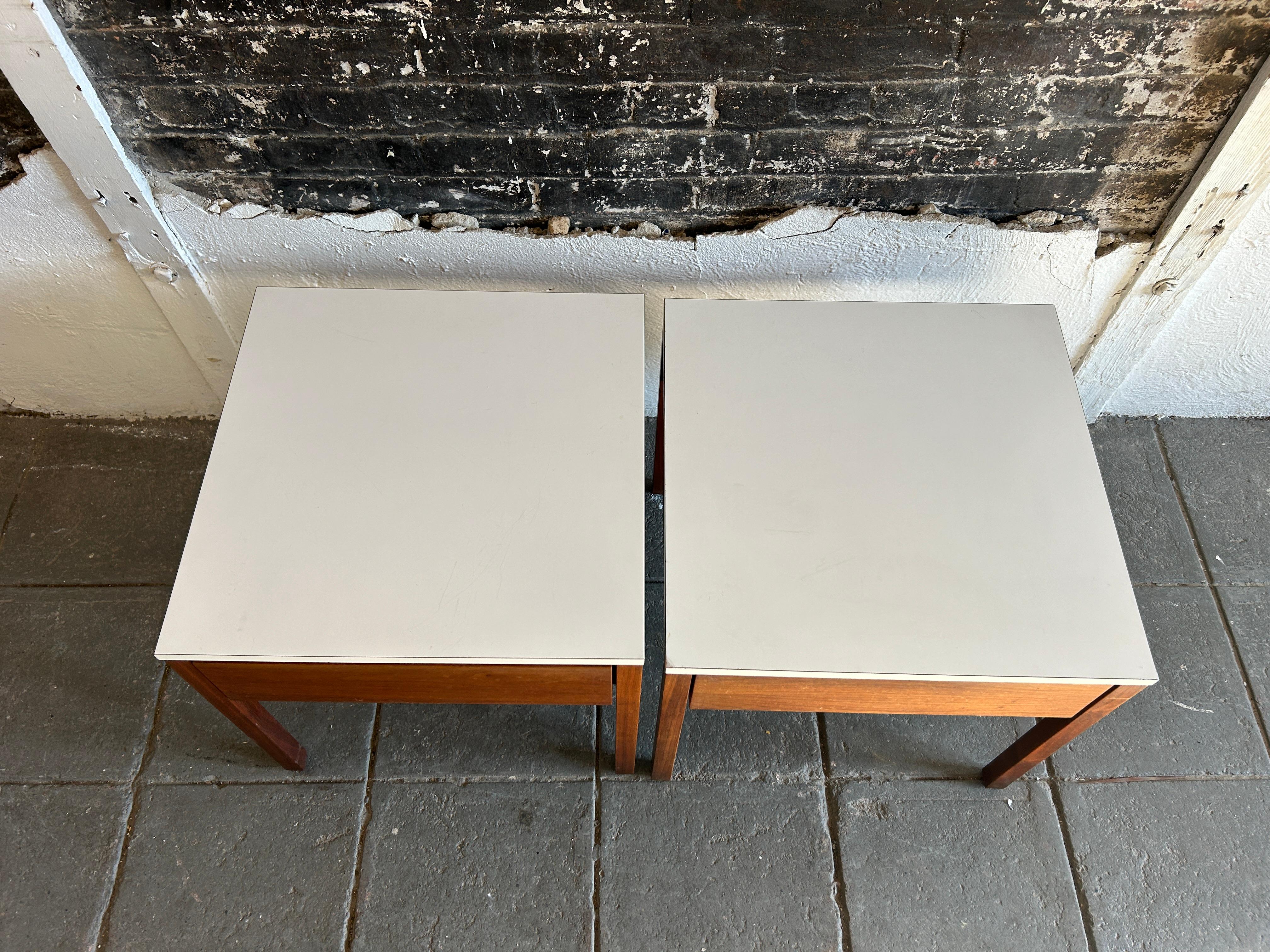 Pair Mid-Century Walnut with white laminate Top Nightstands by Florence Knoll For Sale 4