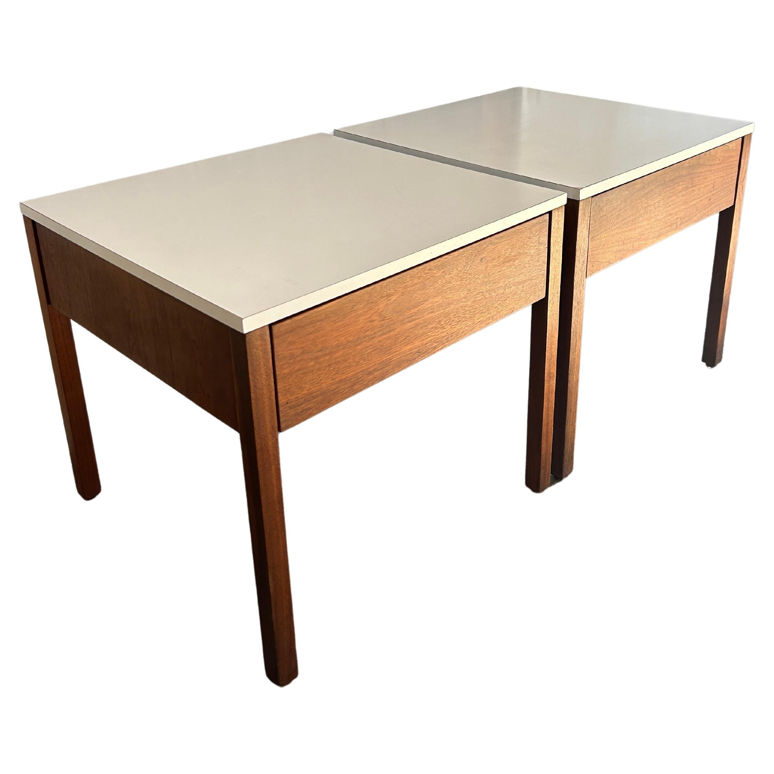 Pair Mid-Century Walnut with white laminate Top Nightstands by Florence Knoll For Sale