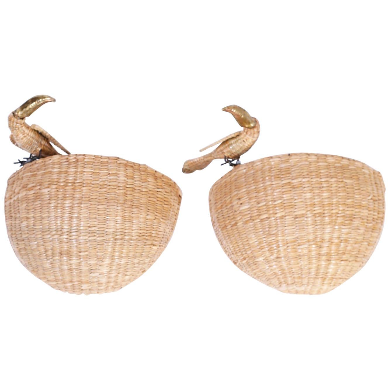 Pair of Midcentury Wicker Wall Sconces with Toucans by Mario Torres