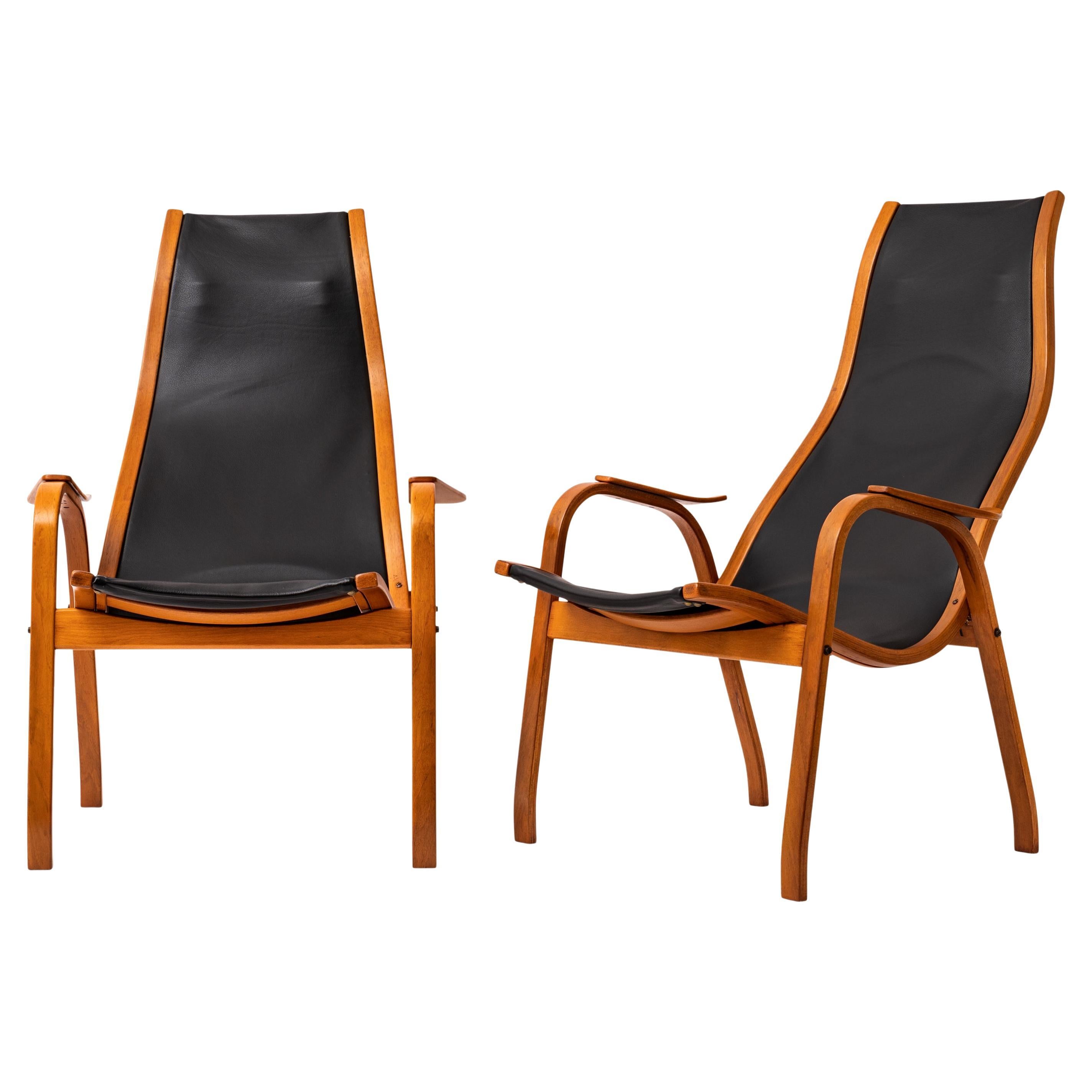 Mid-Century Modern Pair Mid Century Yngve Ekstrom Swedese Lamino Black Leather Lounge Chairs, 1950s