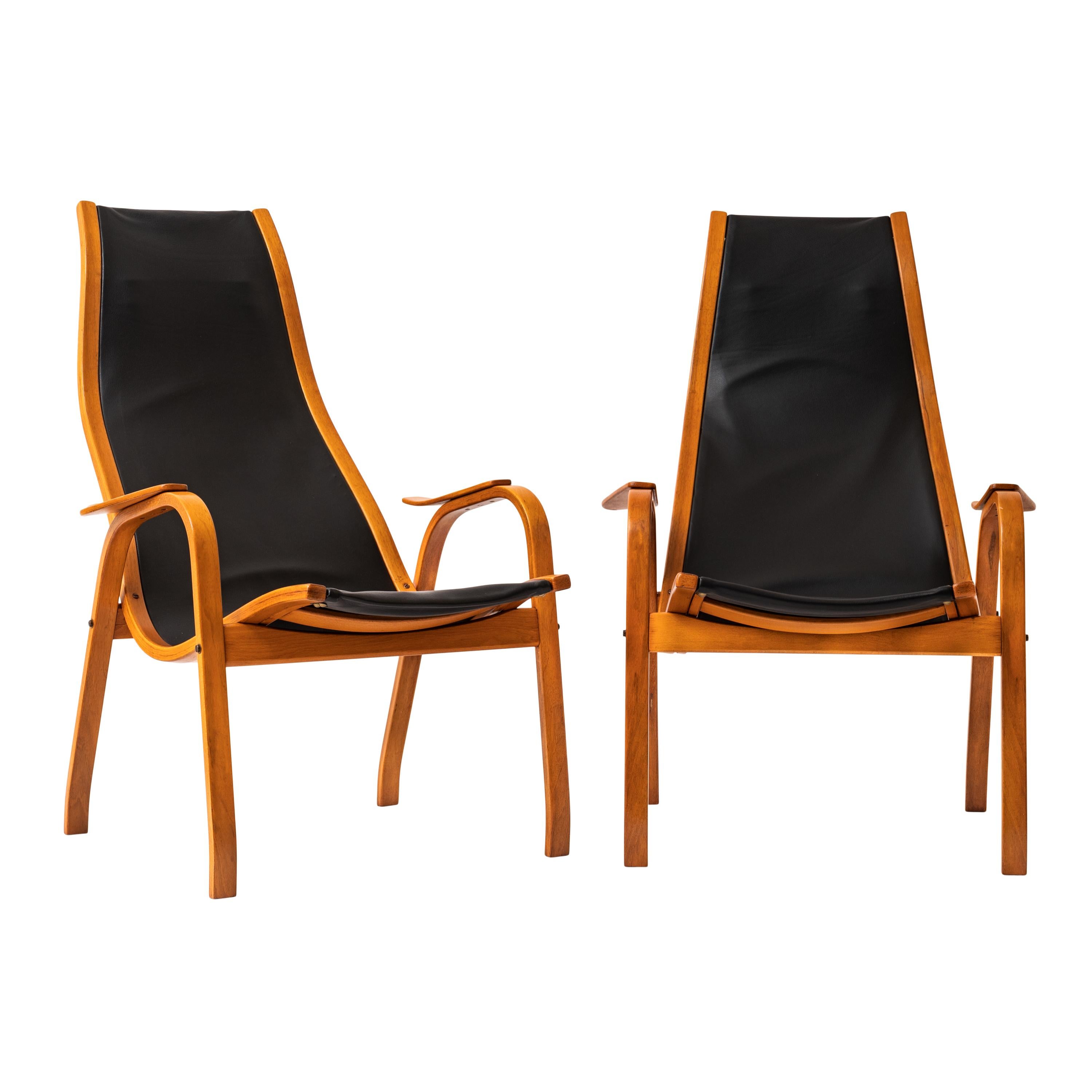 Swedish Pair Mid Century Yngve Ekstrom Swedese Lamino Black Leather Lounge Chairs, 1950s