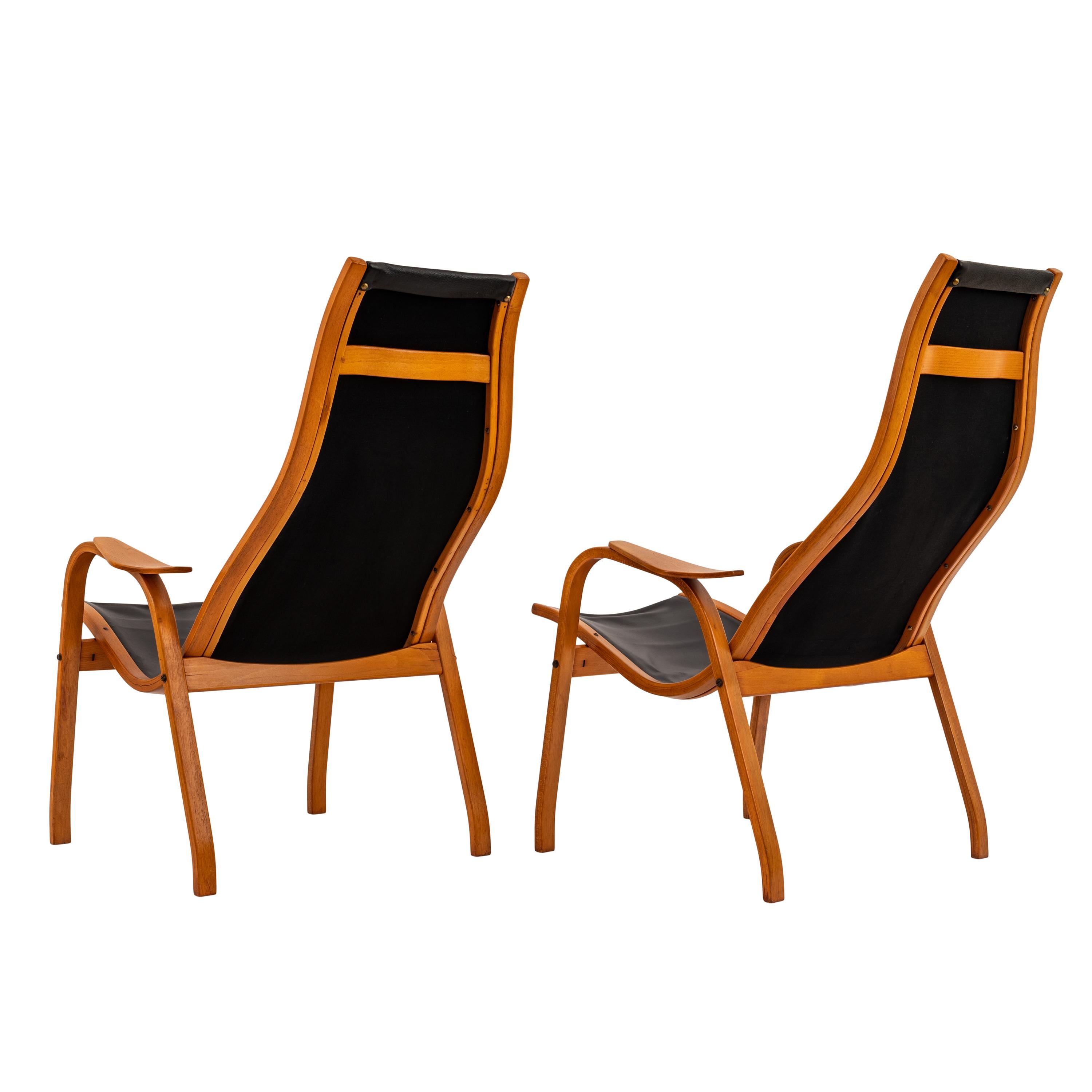 Pair Mid Century Yngve Ekstrom Swedese Lamino Black Leather Lounge Chairs, 1950s 1