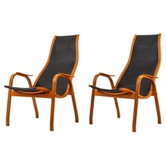 Pair Mid Century Yngve Ekstrom Swedese Lamino Black Leather Lounge Chairs, 1950s
