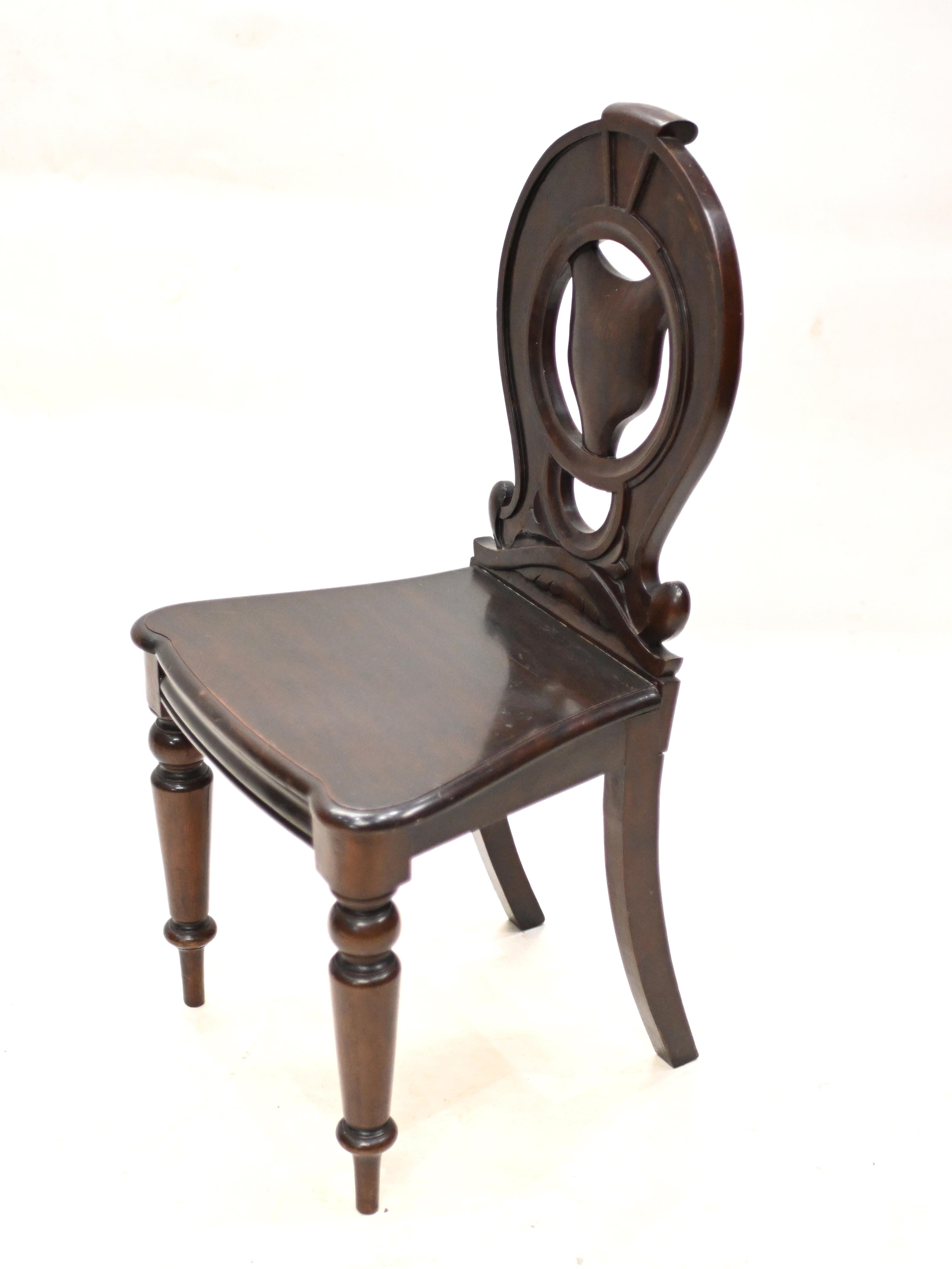 Mid-19th Century Pair Mid Victorian Hall Chairs Mahogany 1840 For Sale