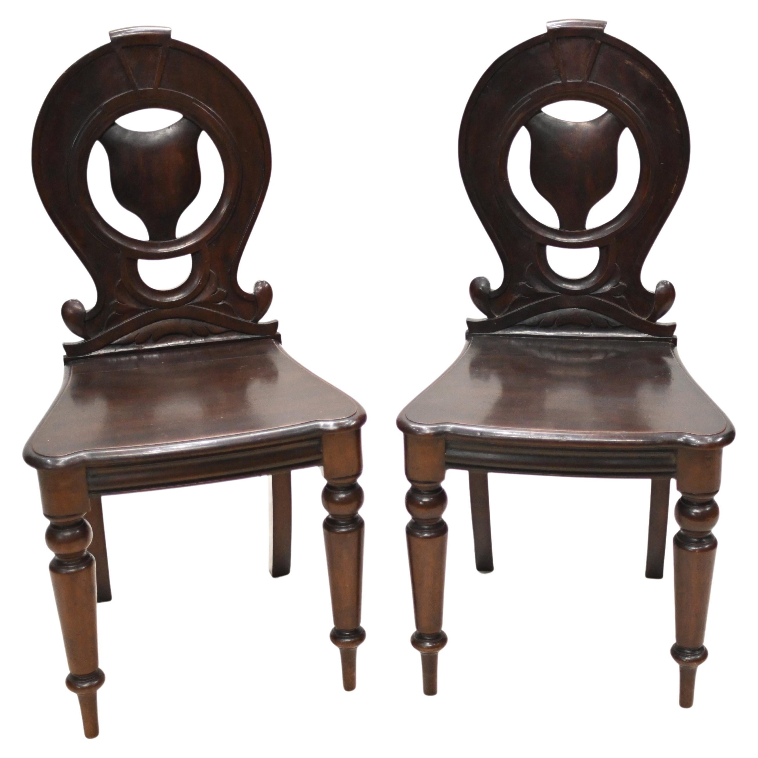 Pair Mid Victorian Hall Chairs Mahogany 1840 For Sale