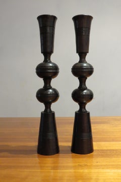 Midcentury African Tribal Hardwood Handproduced Candleholders Candlesticks, Pair