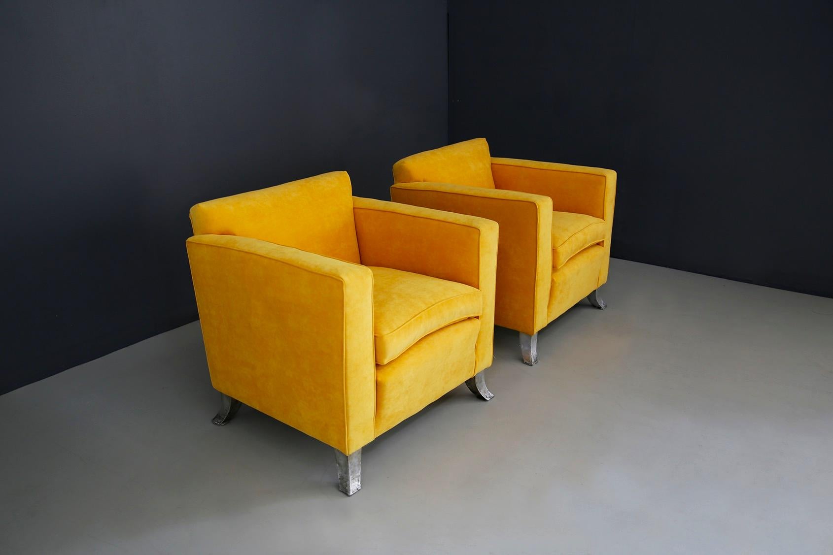 Mid-Century Modern Pair of Midcentury Armchairs Melchiorre Bega of Yellow Velvet Numbered from 1938