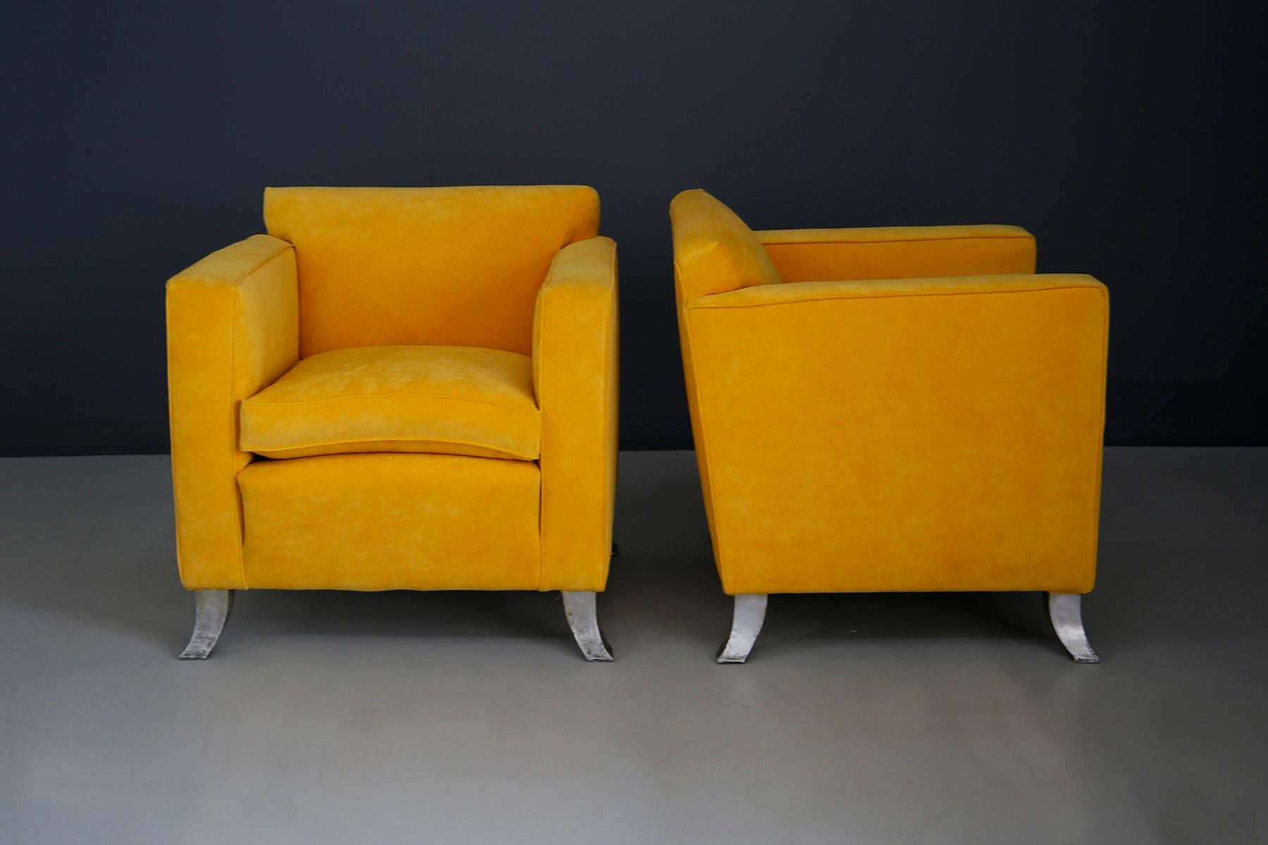 Aluminum Pair of Midcentury Armchairs Melchiorre Bega of Yellow Velvet Numbered from 1938