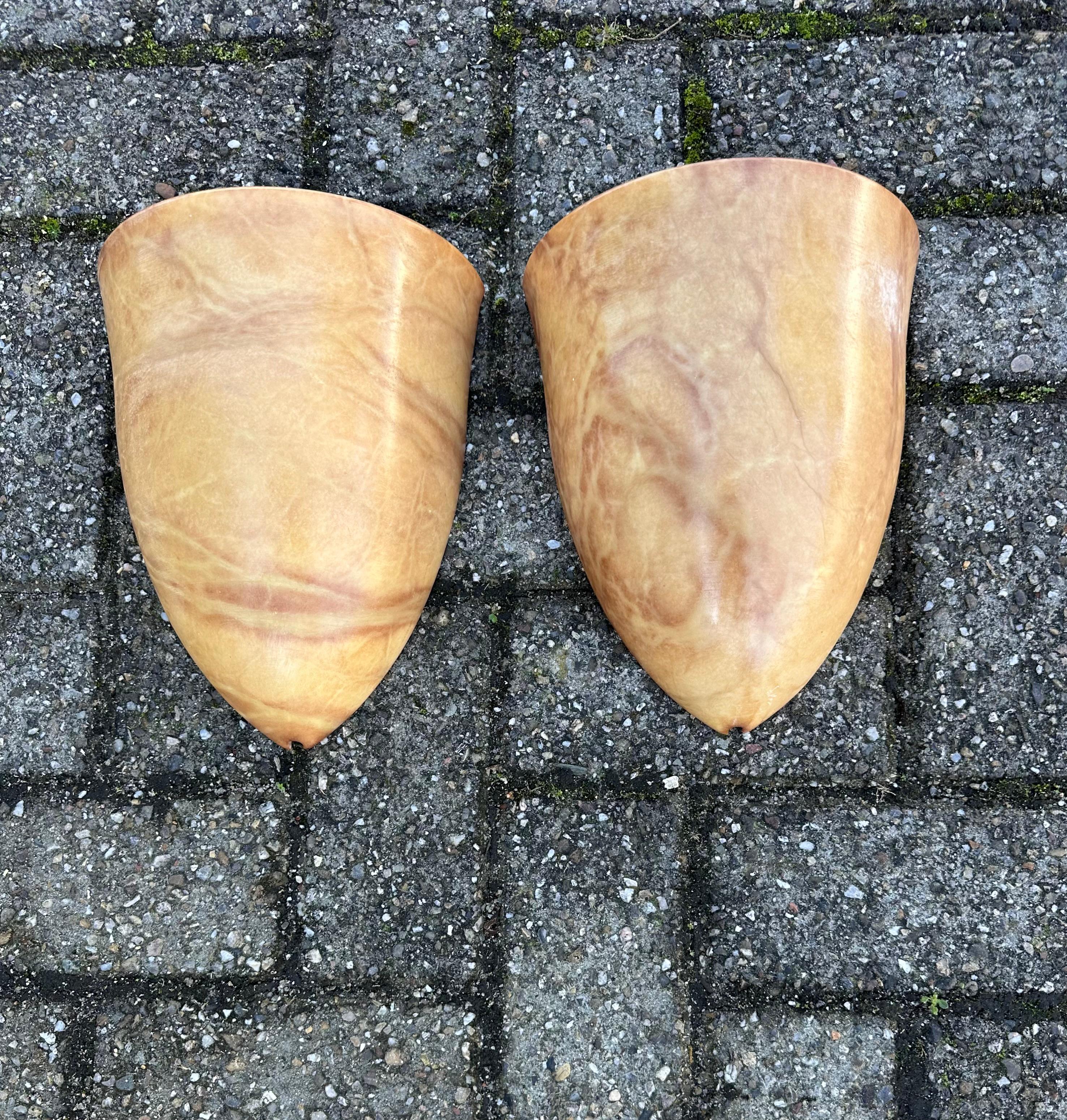 Handgefertigtes und sehr stilvolles Paar Wandleuchten aus Alabaster aus der Mitte des Jahrhunderts.

Dieses exquisite Paar Wandleuchter wurde Mitte/Ende des 20. Jahrhunderts, etwa in den 1970er Jahren, in Europa handgefertigt. Die vollständig aus