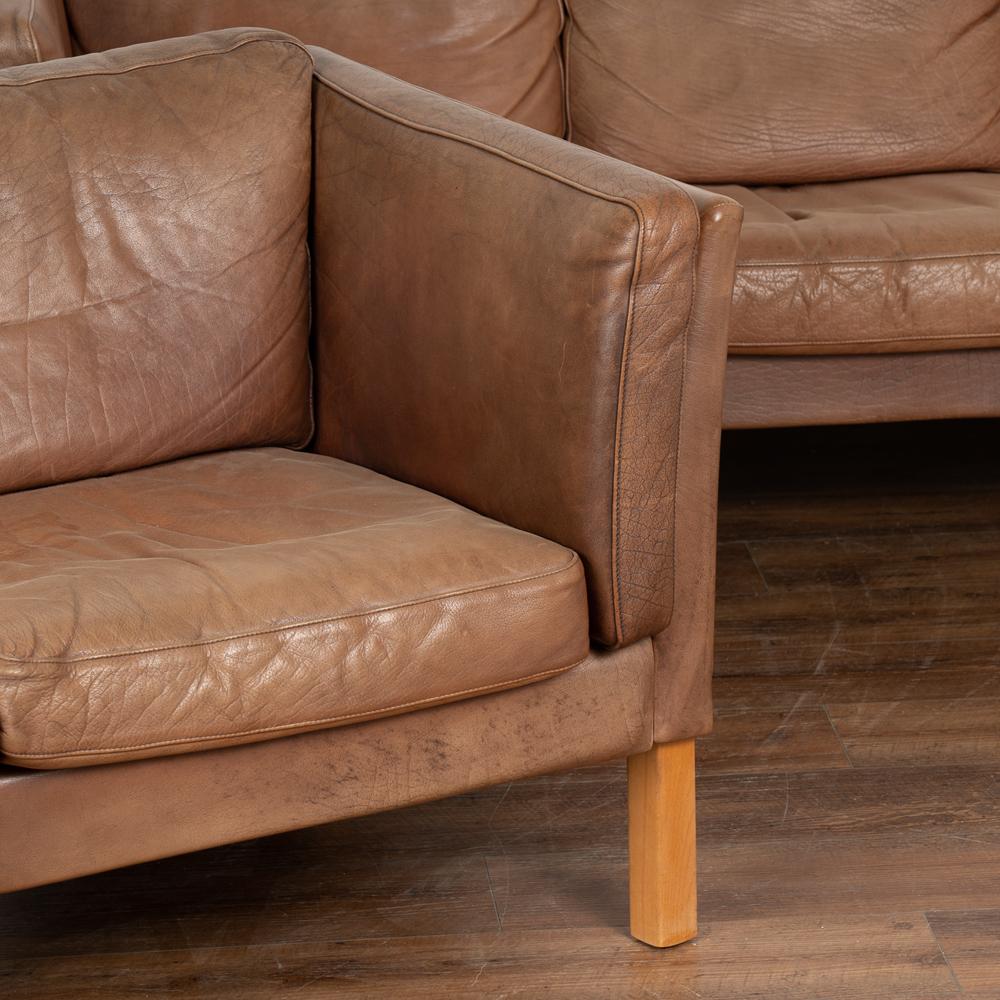 Mid-Century Modern Pair MidCentury Brown Vintage Leather 3 Seat Sofa & 2 Seat Loveseat Denmark 1960 For Sale