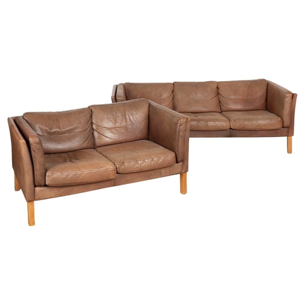 Pair MidCentury Brown Vintage Leather 3 Seat Sofa & 2 Seat Loveseat Denmark 1960 For Sale