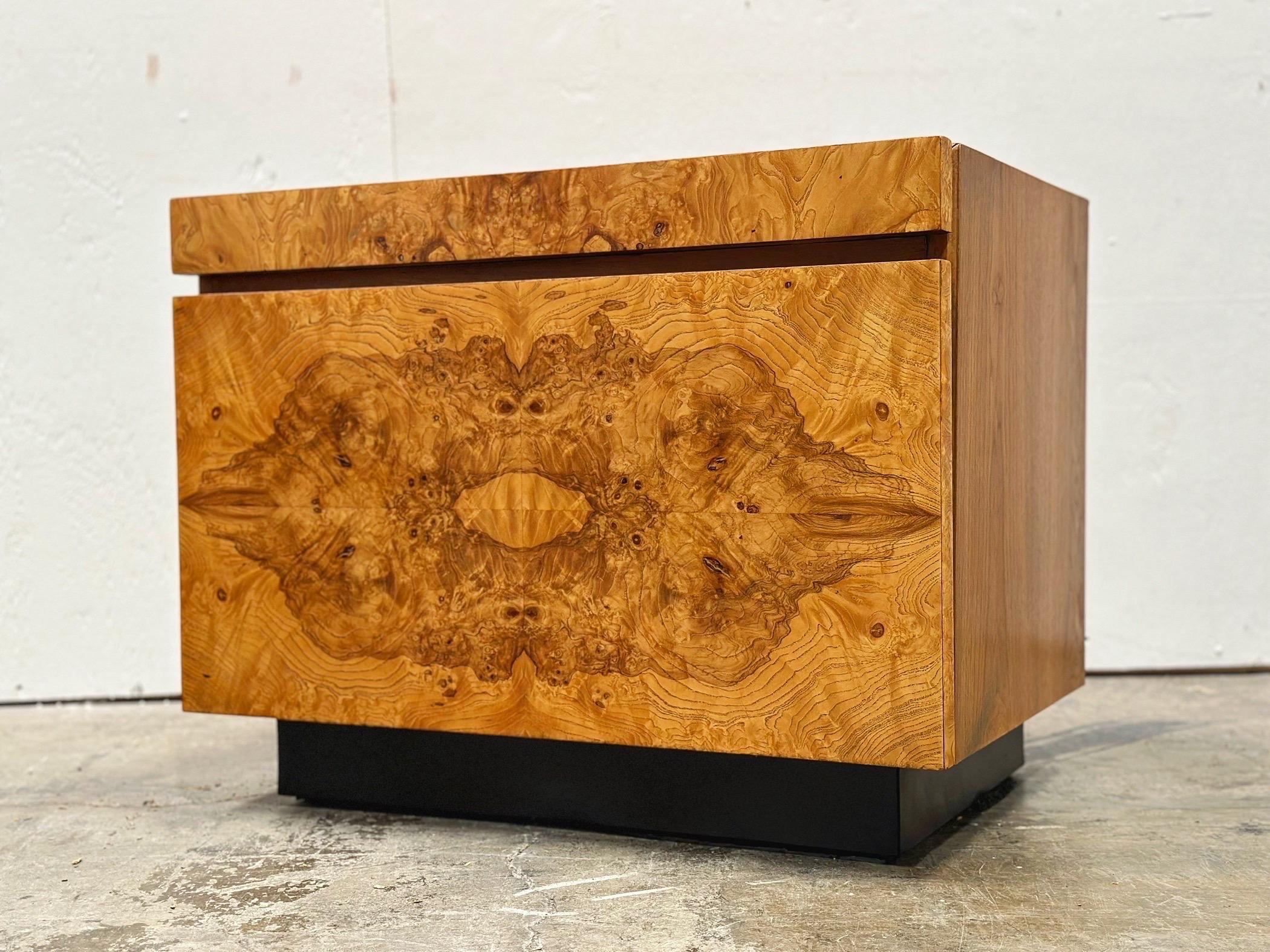Mid-Century Modern PAIR Midcentury Burl Wood Alpha Nightstands - Roland Carter for Lane - 1970s