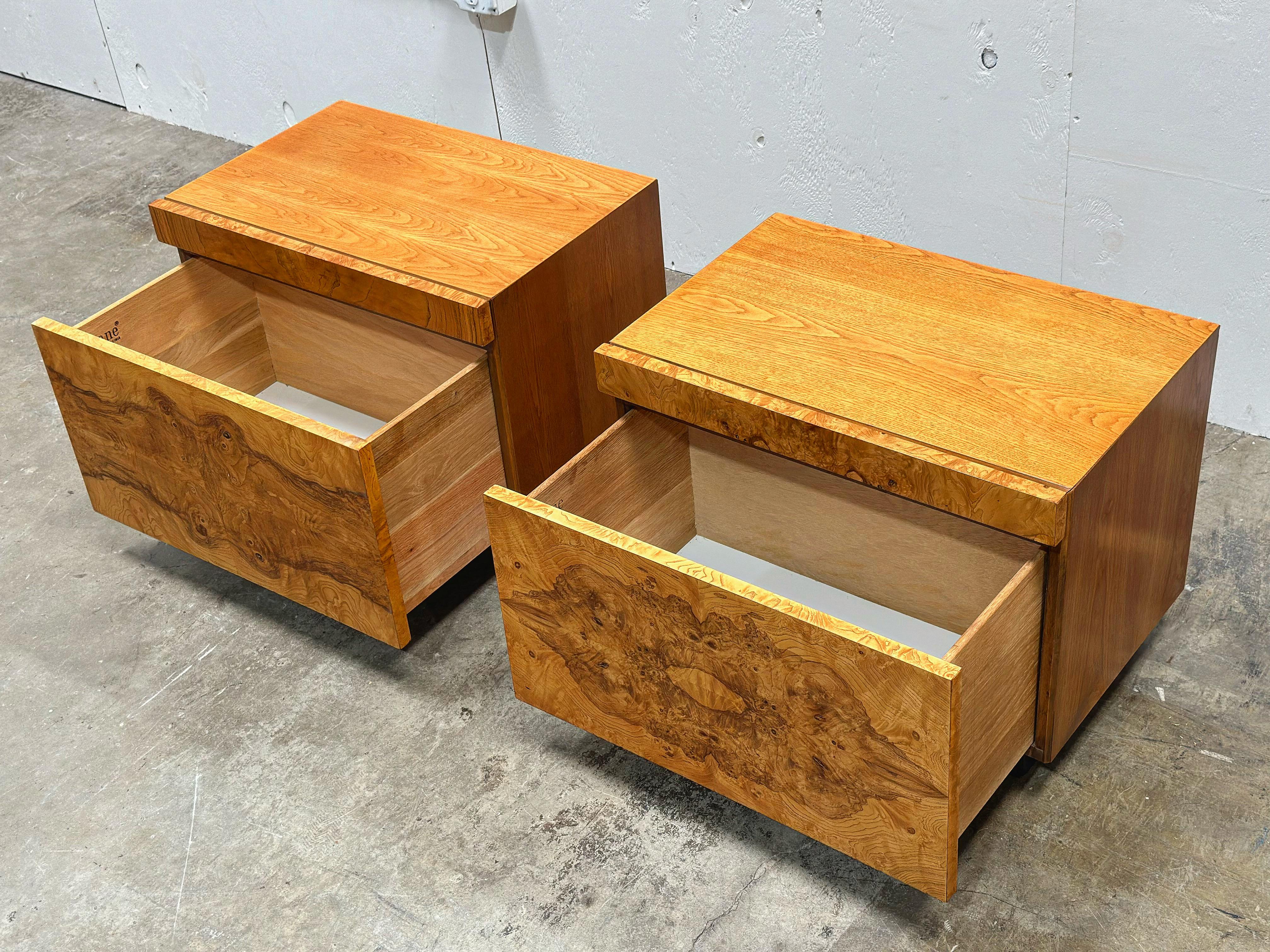 PAIR Midcentury Burl Wood Alpha Nightstands - Roland Carter for Lane - 1970s 1