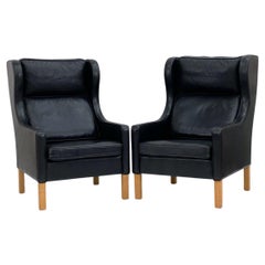 Pair Midcentury Danish Modern Wingback Black Leather Chairs style Børge Mogensen