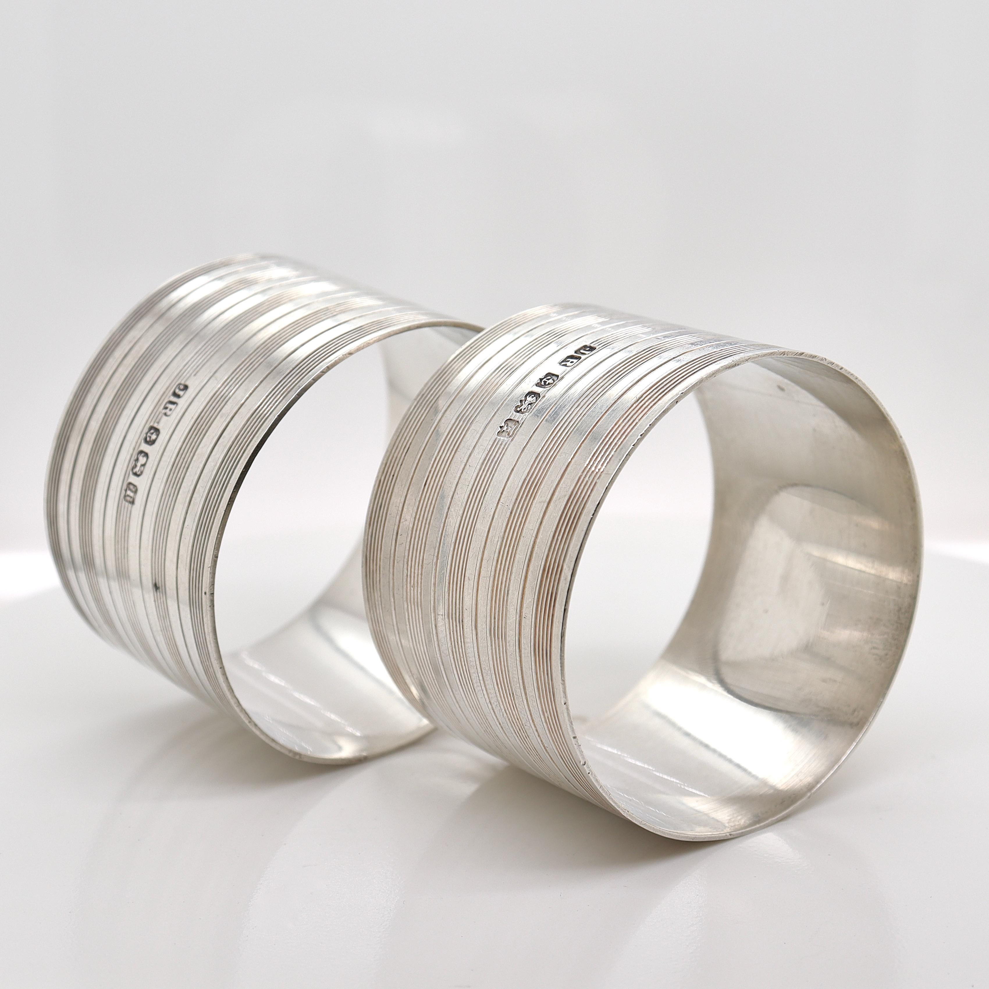 Pair Midcentury English Engine Turned Sterling Silver Napkin Rings by John Rose For Sale 3